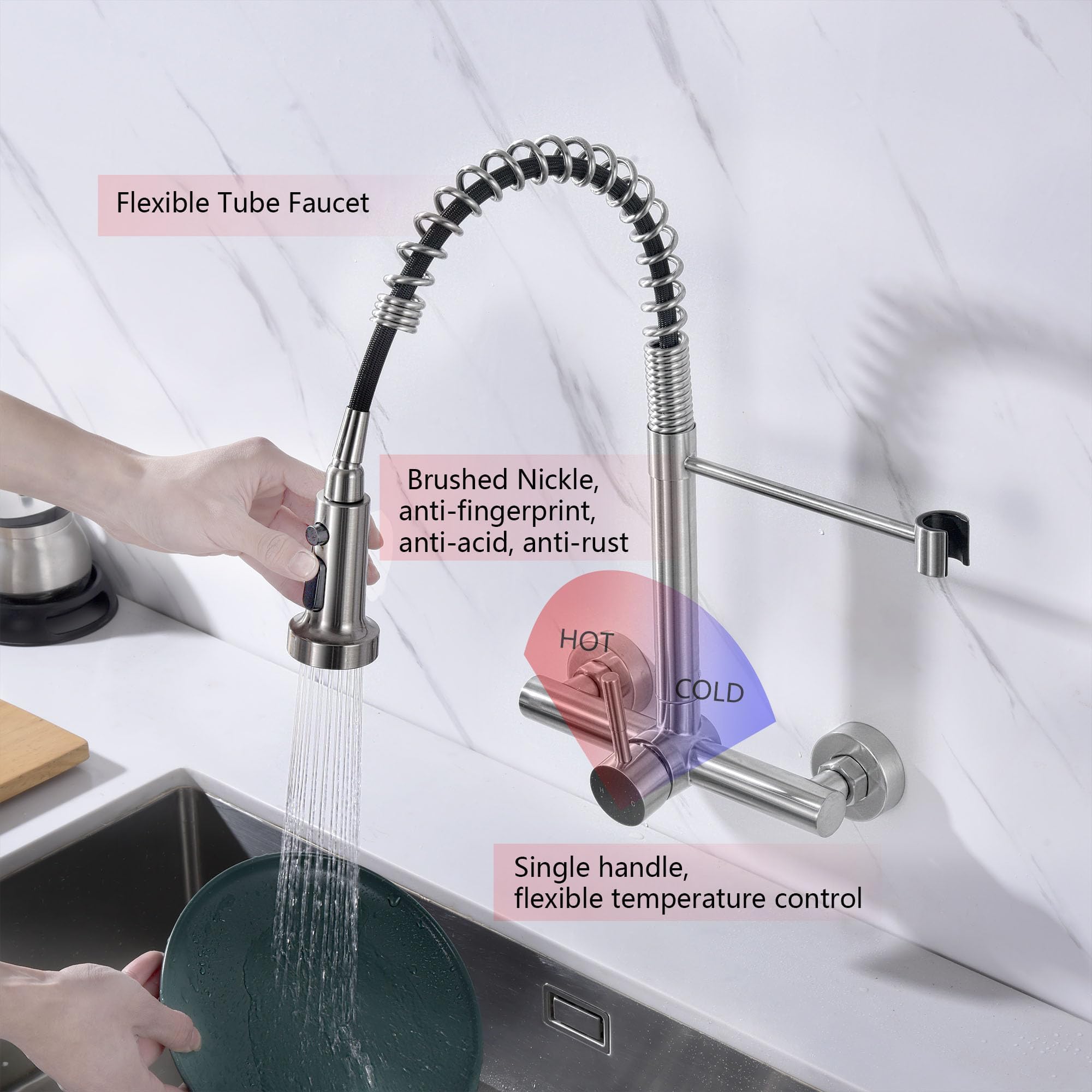 Zhyich Wall Mount Kitchen Faucet With Pull Out Sprayer, 8 Inch Center Commercial Kitchen Sink Faucet, Spot- Stainless Steel, Easy Controlled Cold And Hot Water