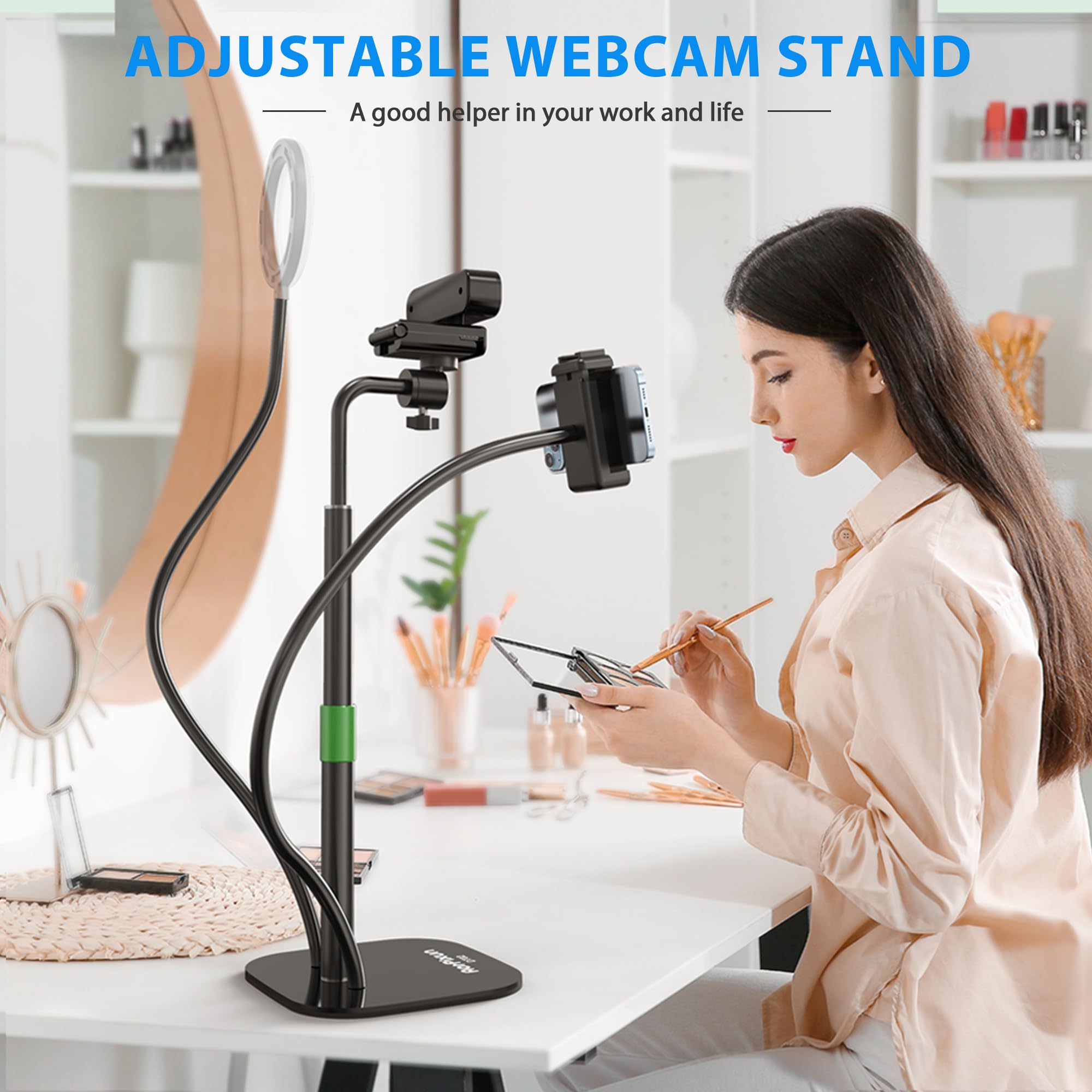 Aorpixun Webcam Stand For Desk 3 In 1 Flexible Webcam Mount Computer Camera Stand Desktop Microphone Stand With Phone Clip For Logitech Webcam Series, Ring Light, Phone, Mic And 1/4" Screw Device