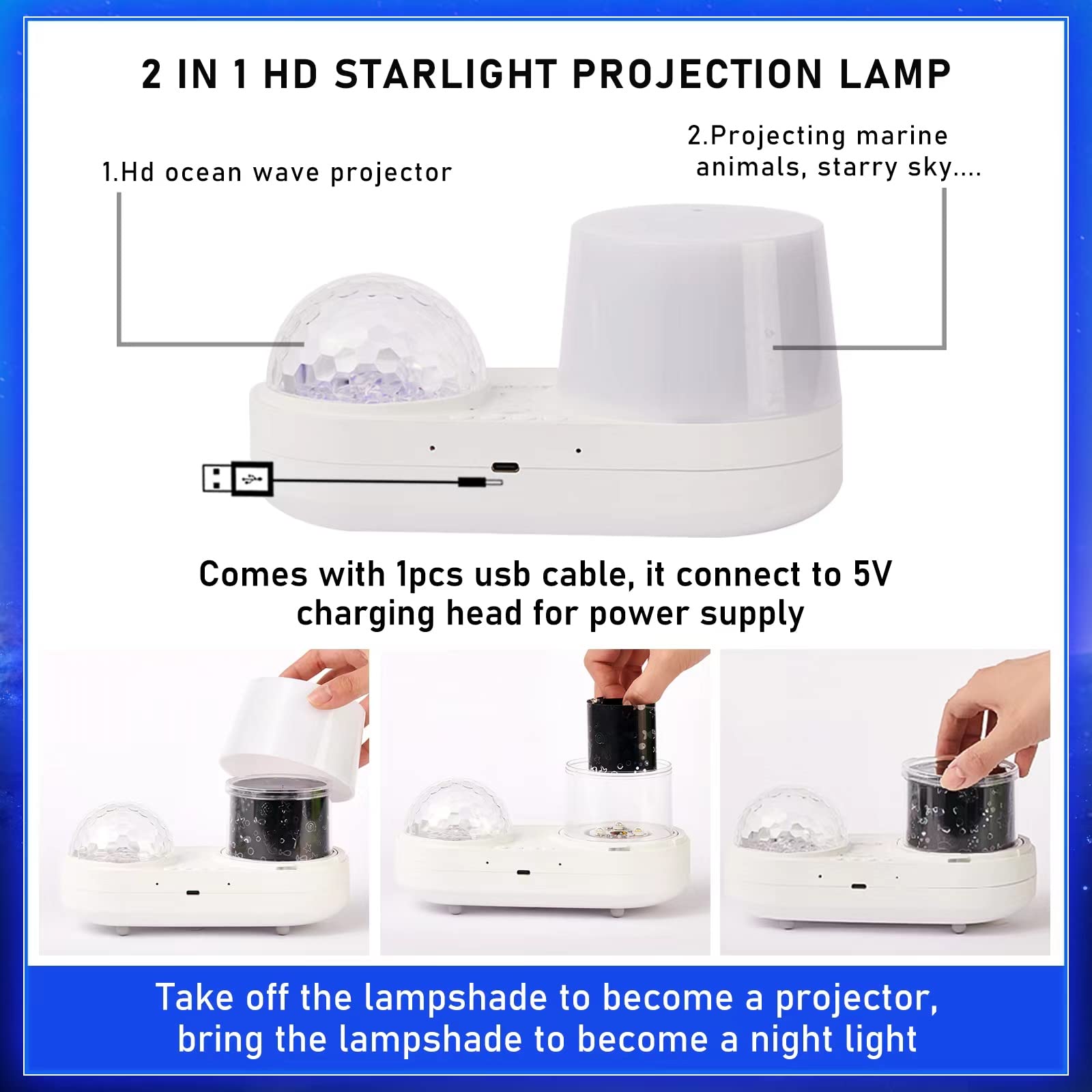 Stars Lamp Ocean Night Light Projector, Kids Galaxy Projector For Bedroom, Nebula Star Projector With Usb Cable, 360 Degree Rotation Kid Night Light Lamp For Decorating Party,Birthdays,Christmas