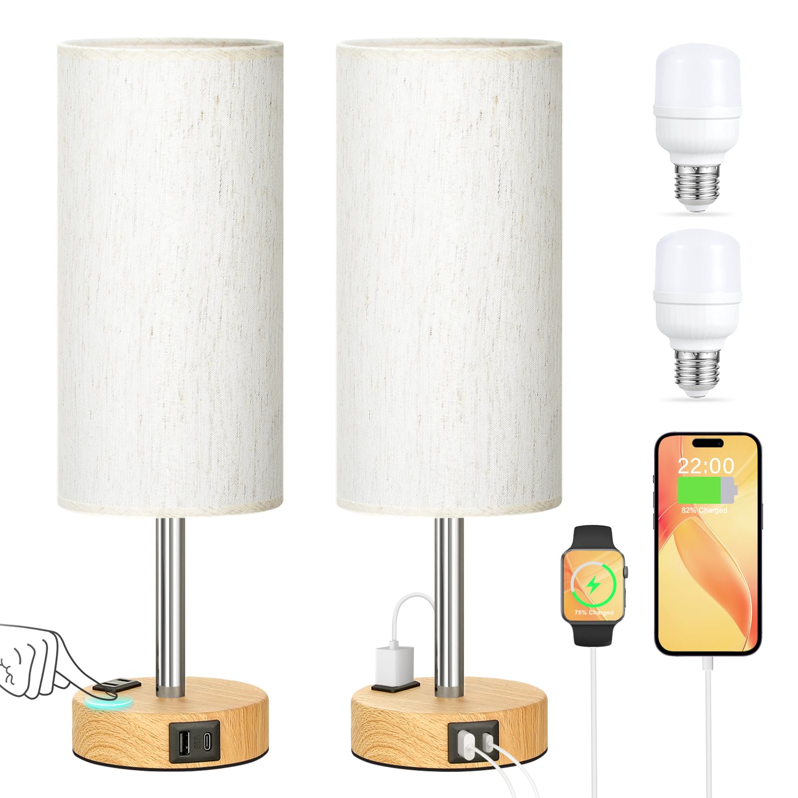 Partageiz Touch Bedside Table Lamps Set - 3 Way Dimmable Bedroom Lamps Set Of 2 With Usb C And A Ports, Small Lamps For Nightstand With Ac Outlet, Wood Base Round Flaxen Shade For Desk, Office, Dorm, Nursery