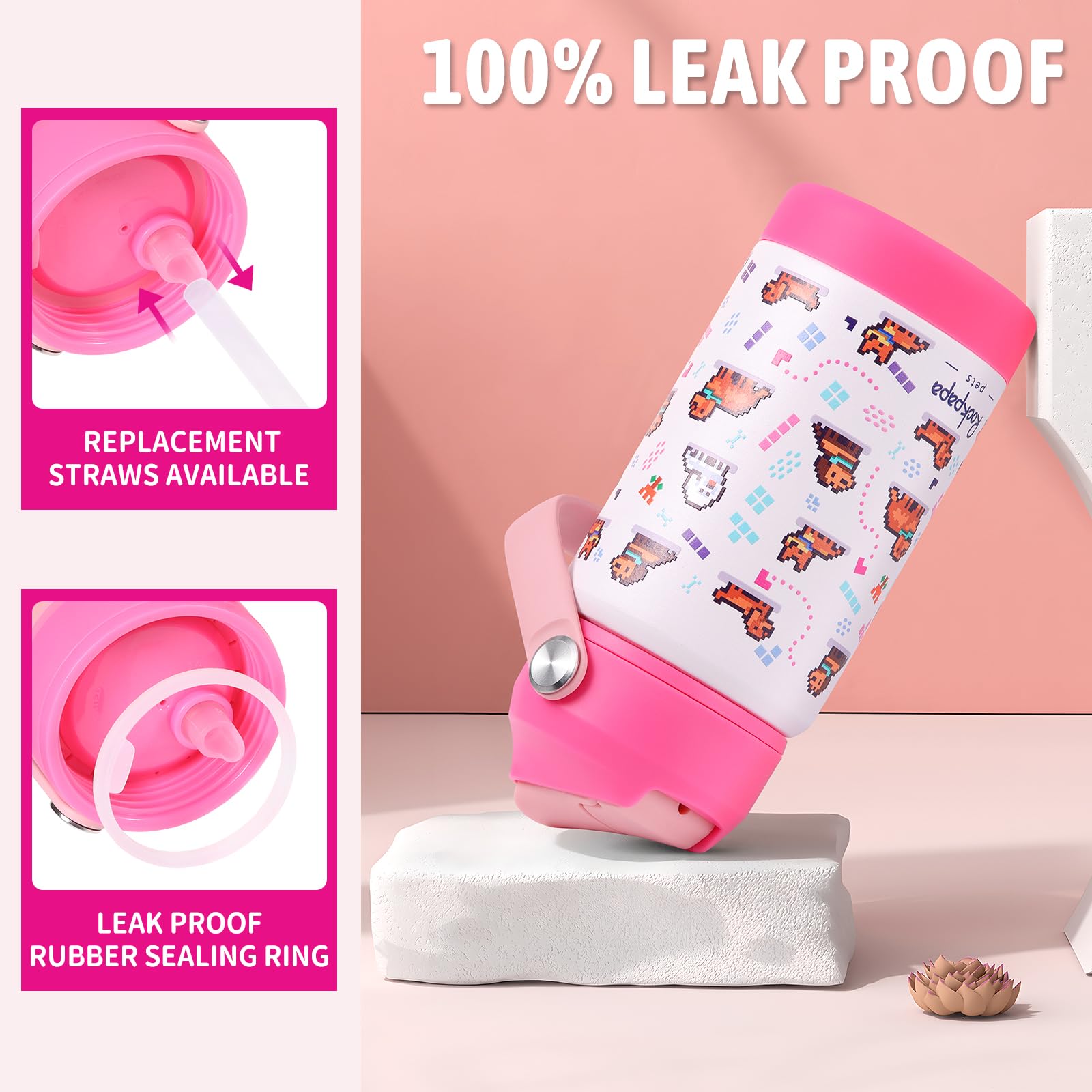 Rockpapa Kids Insulated Water Bottle With Straw,-, 18/8 Stainless Steel, Leak Proof, 14Oz M