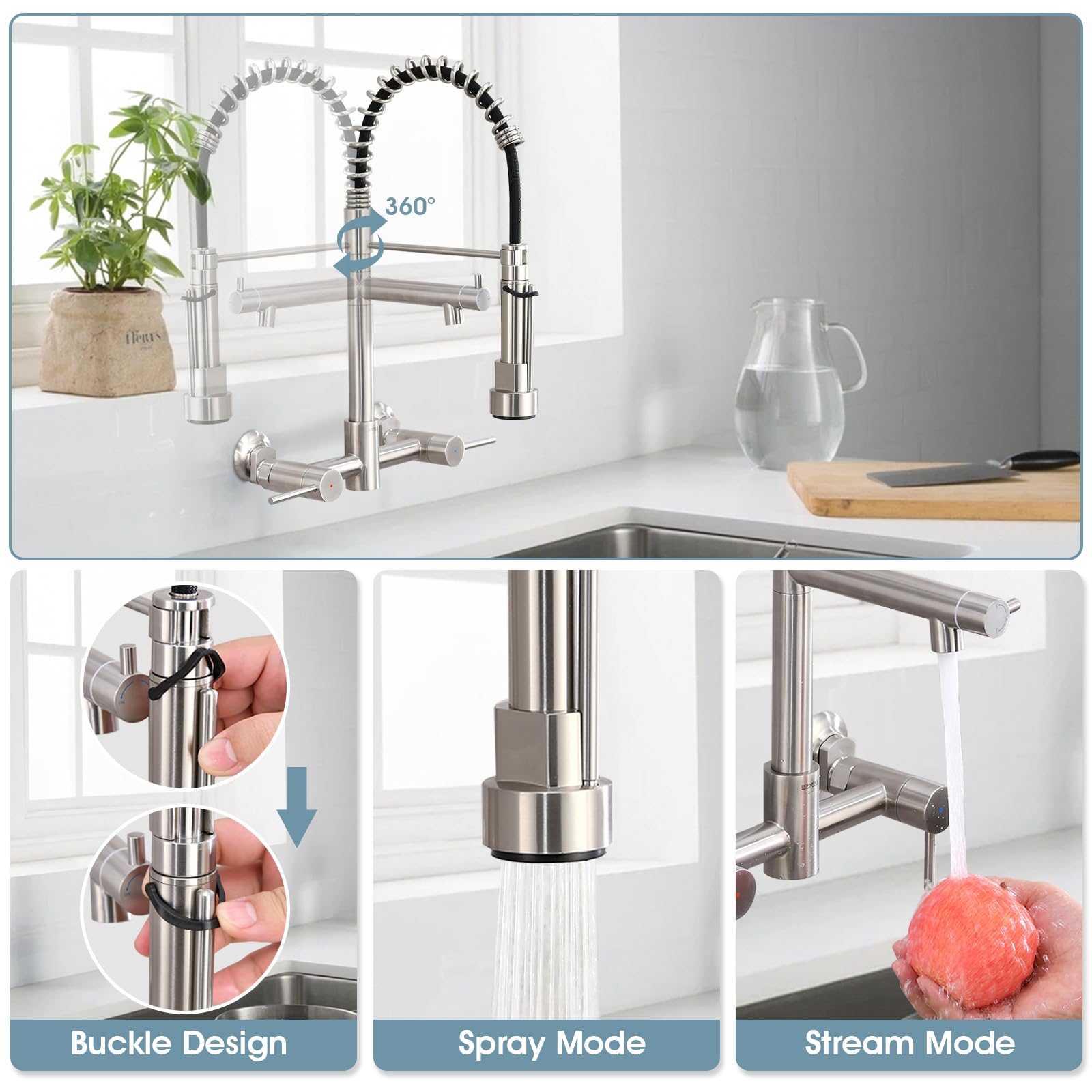 Demiinus Wall Mount Kitchen Faucet With Pull Down Sprayer, 8 Inch Center Commercial High Arc Kitchen Sink Faucet, 2 Handle Wall Mount Faucet For Kitchen Sink, Brushed Nickel