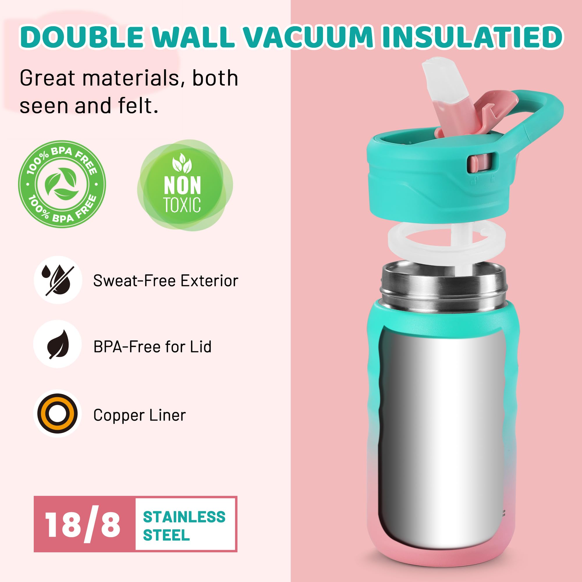 Haushof Kids Water Bottle 12 Oz- With Straw And Stickers, Stainless Steel Vacuum