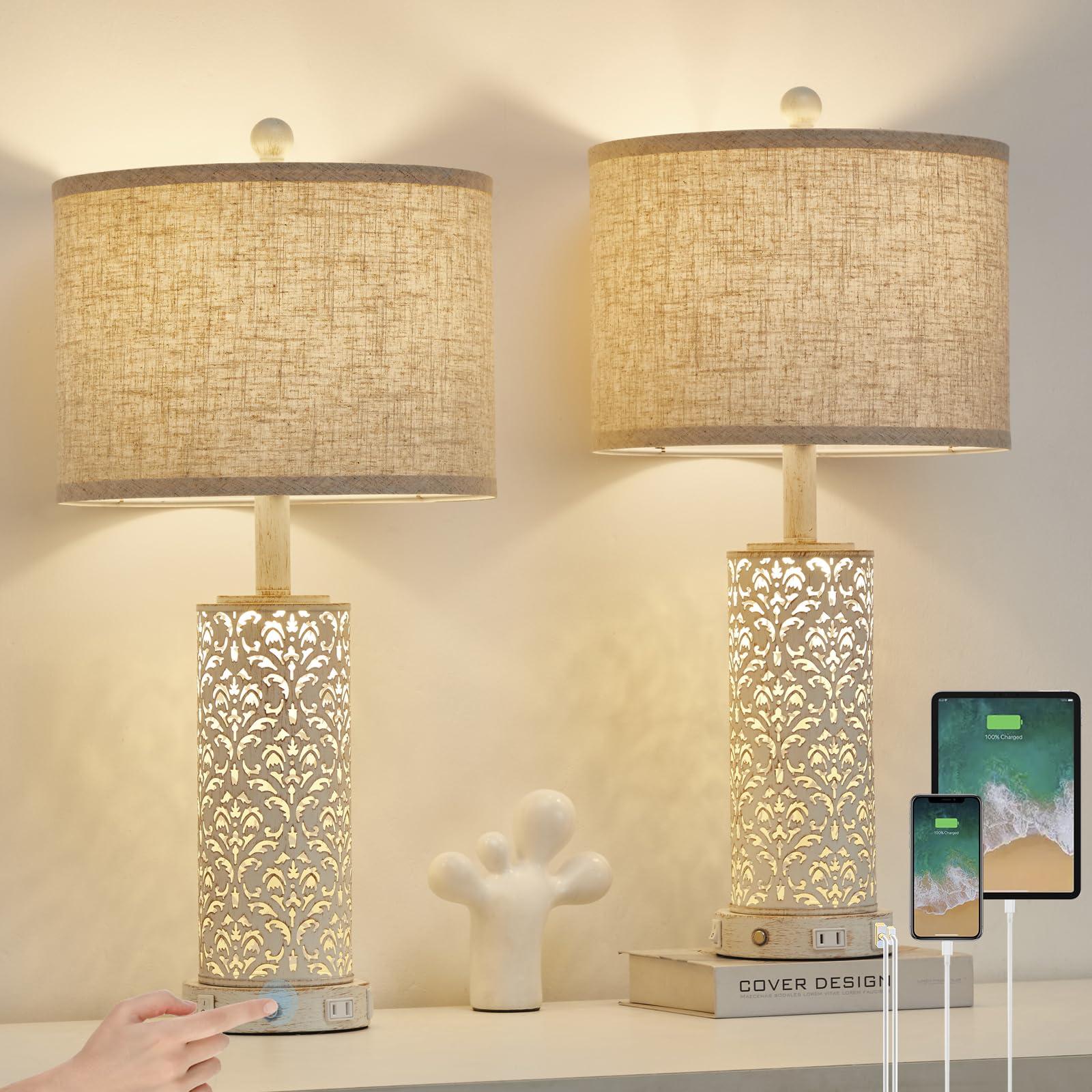 Saiweya 26" Set Of 2 Farmhouse Table Lamp, 3-Way Dimmable Touch Control With Nightlight, 2 Usb Ports + Ac Outlet Vintage Rustic Bedside Lamp For Living Room Bedroom And Nightstand (White-2 Pack)