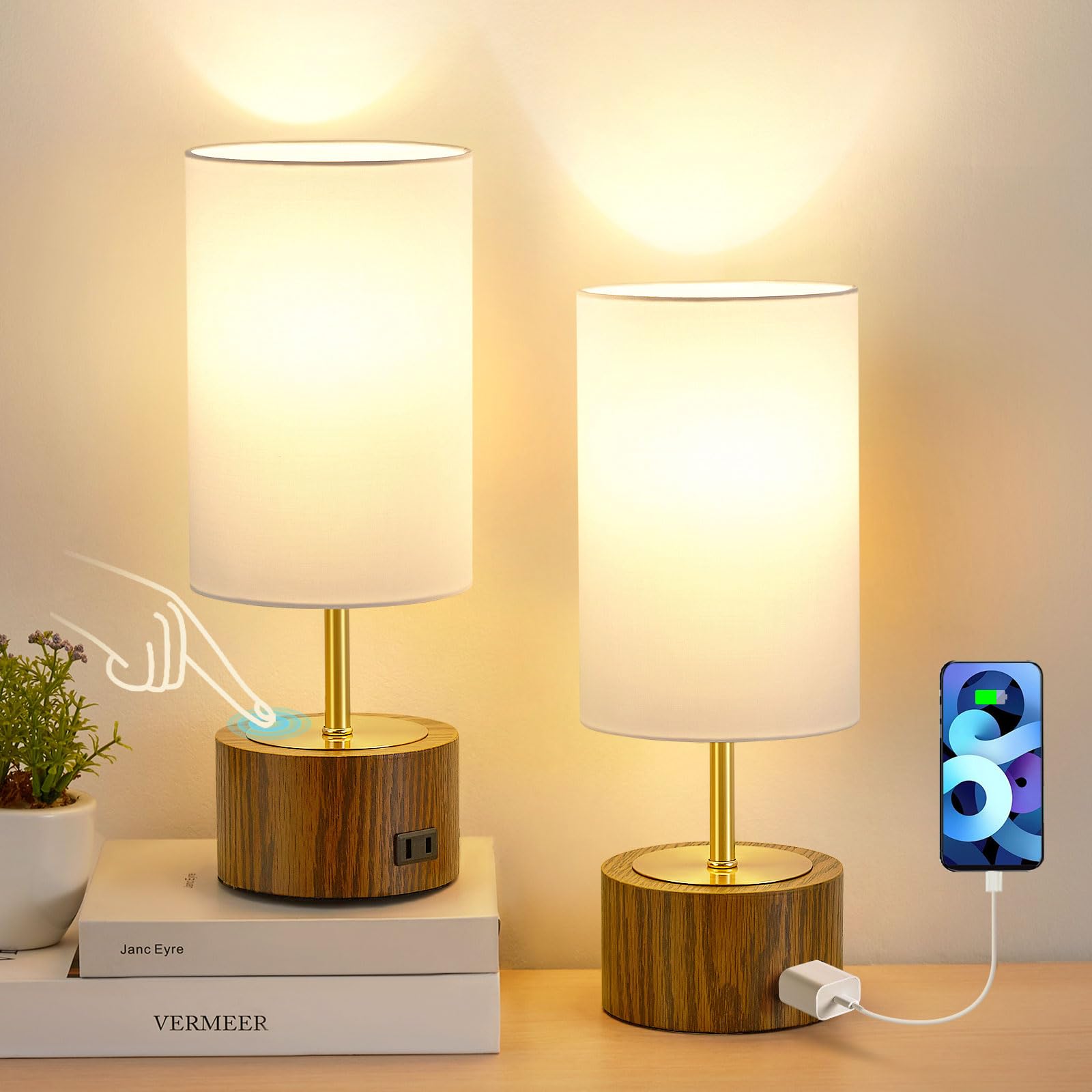Ejiaxin Bedside Lamps Set Of 2-14" Small Touch Lamps For Nightstand With Ac Adapter Vintage Modern Table Lamp With Round Fabric Shade For End Tables Living Room Dorm Desk Home Office