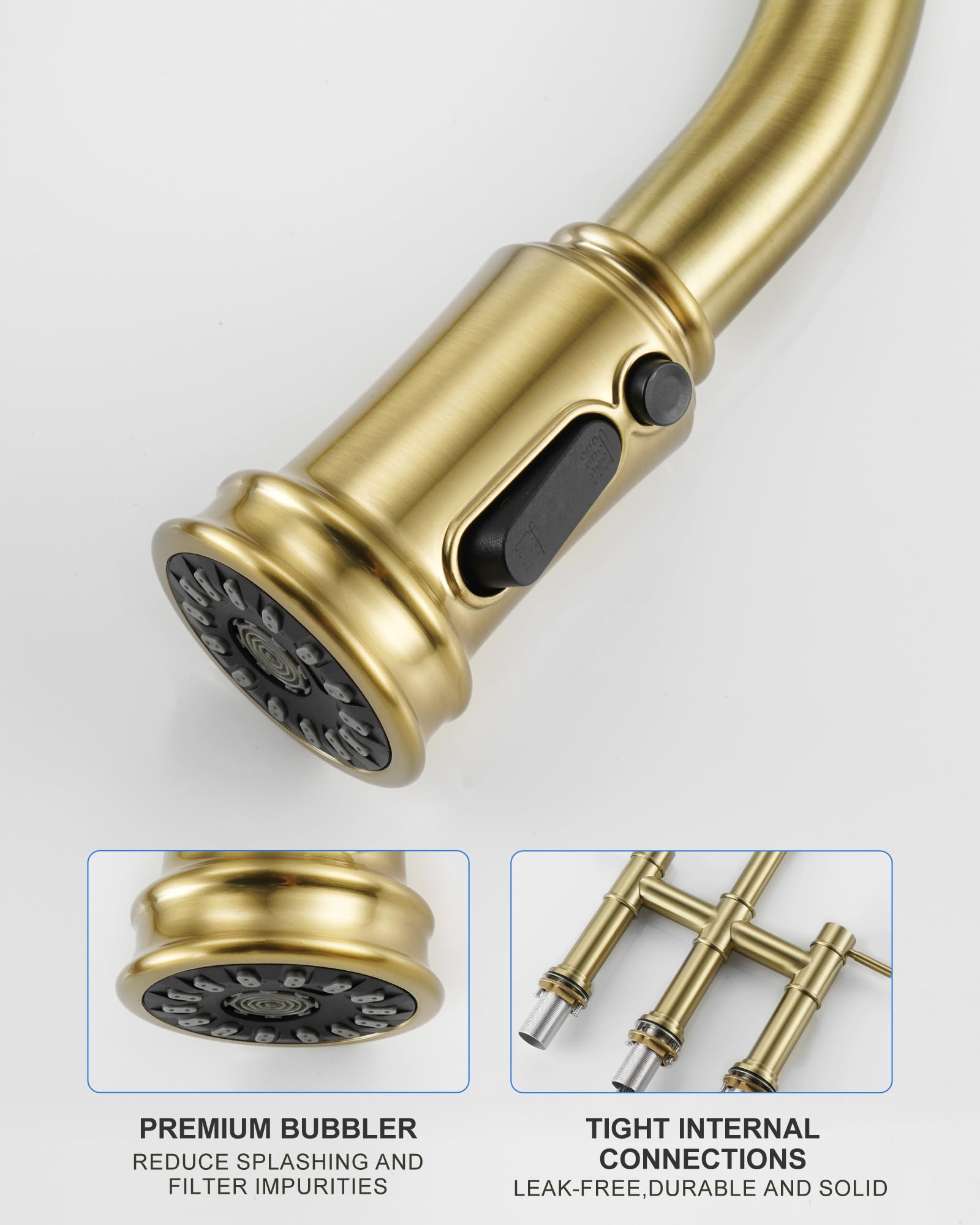 Iviga Bridge Faucet For Kitchen Sink: Gold Farmhouse 3 Hole Kitchen Faucet With Pull Down Sprayer (3 Spray Modes) - 2 Handle High Arc Brass Faucet With 360° Swivel, With Supply Lines