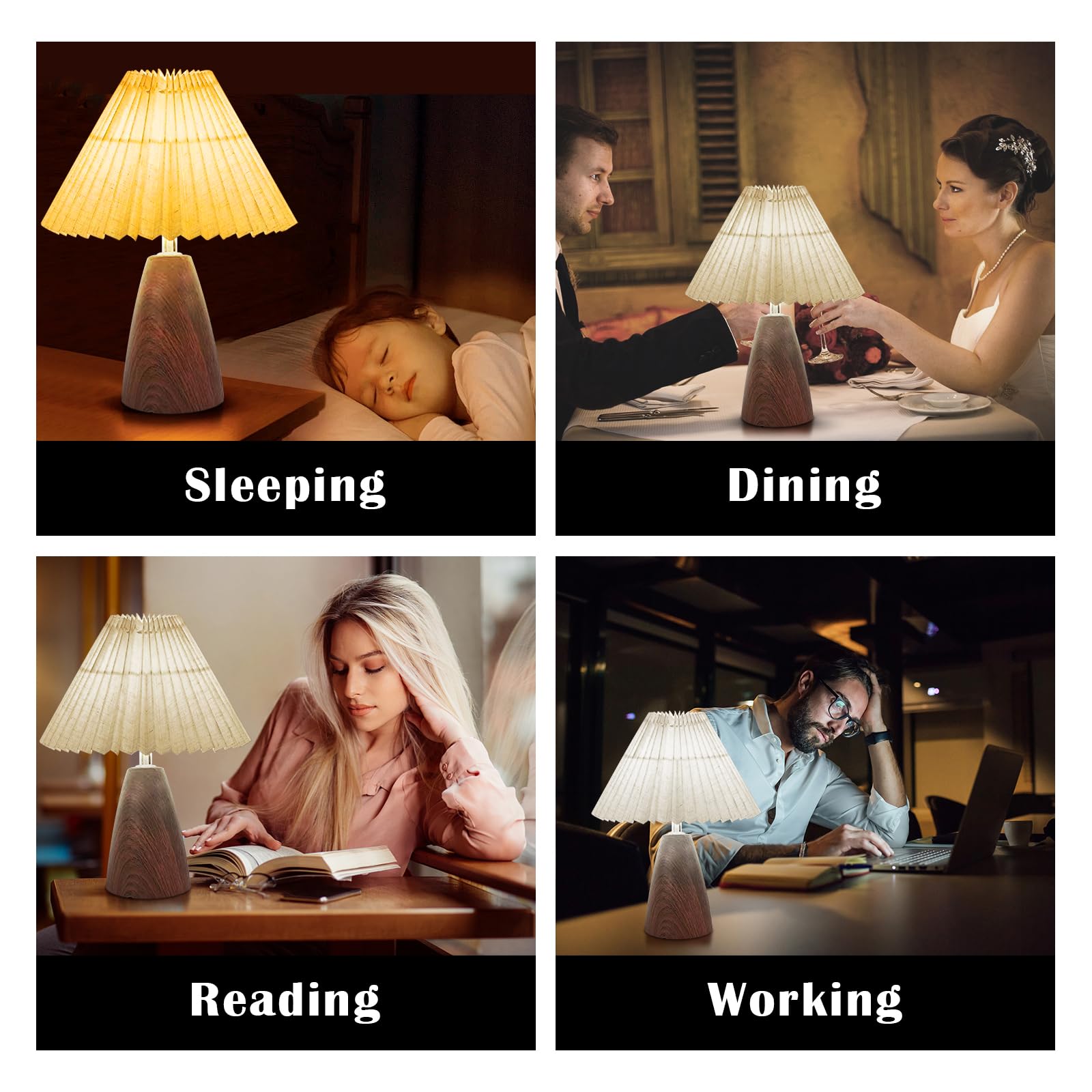 Aoteam Small Pleated Table Lamp, Modern Metal Base Nightstand Lamp With Beige Fabric Shade, Ideal For Bedroom, Living Room, Kids Room, And Study, A Cute Accent Lamp For Cozy Lighting (Wood Grain Lamp-6)