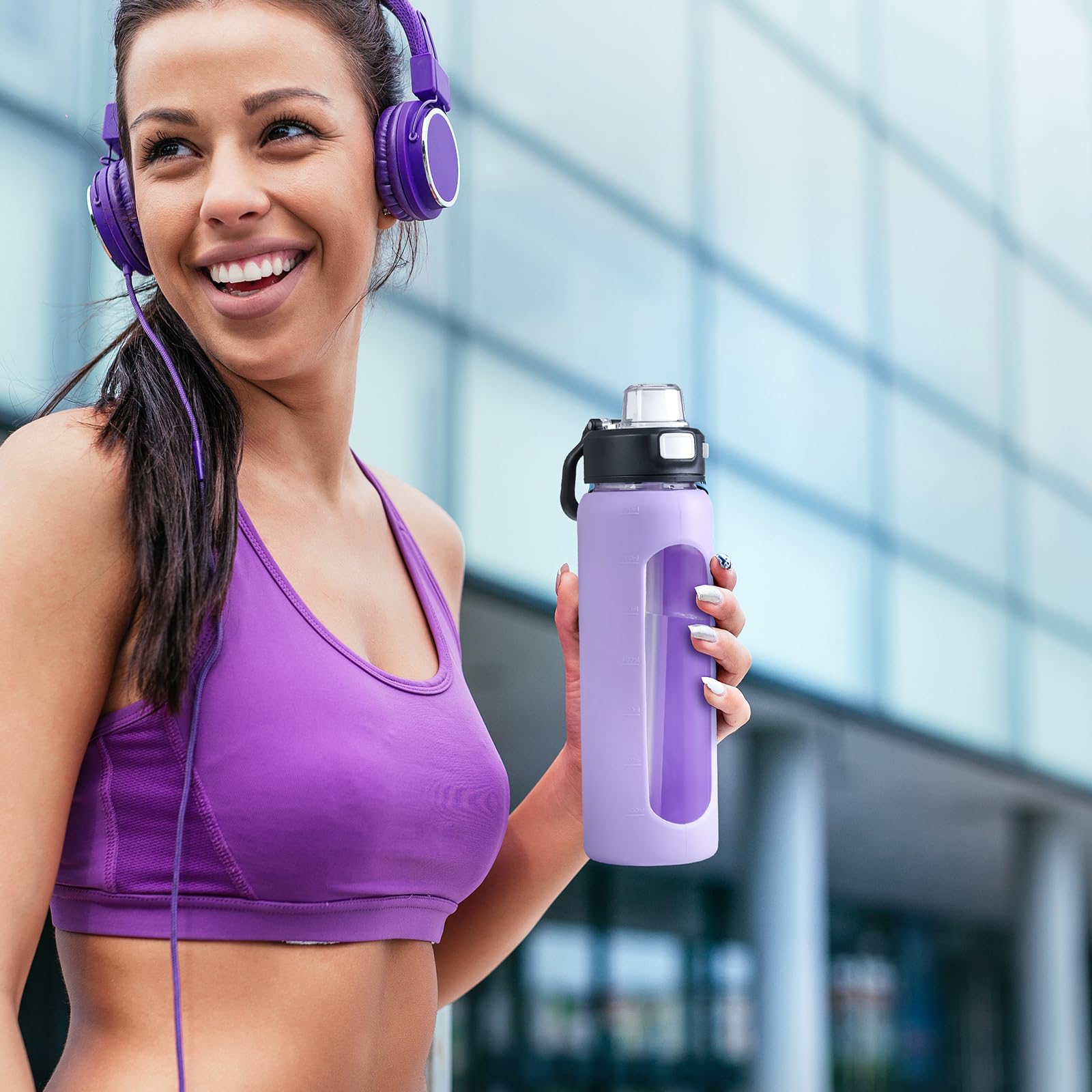 Bluego 24Oz Glass Water Bottle, Motivational Water Bottle With Time Marker And Straw, Water Bottles