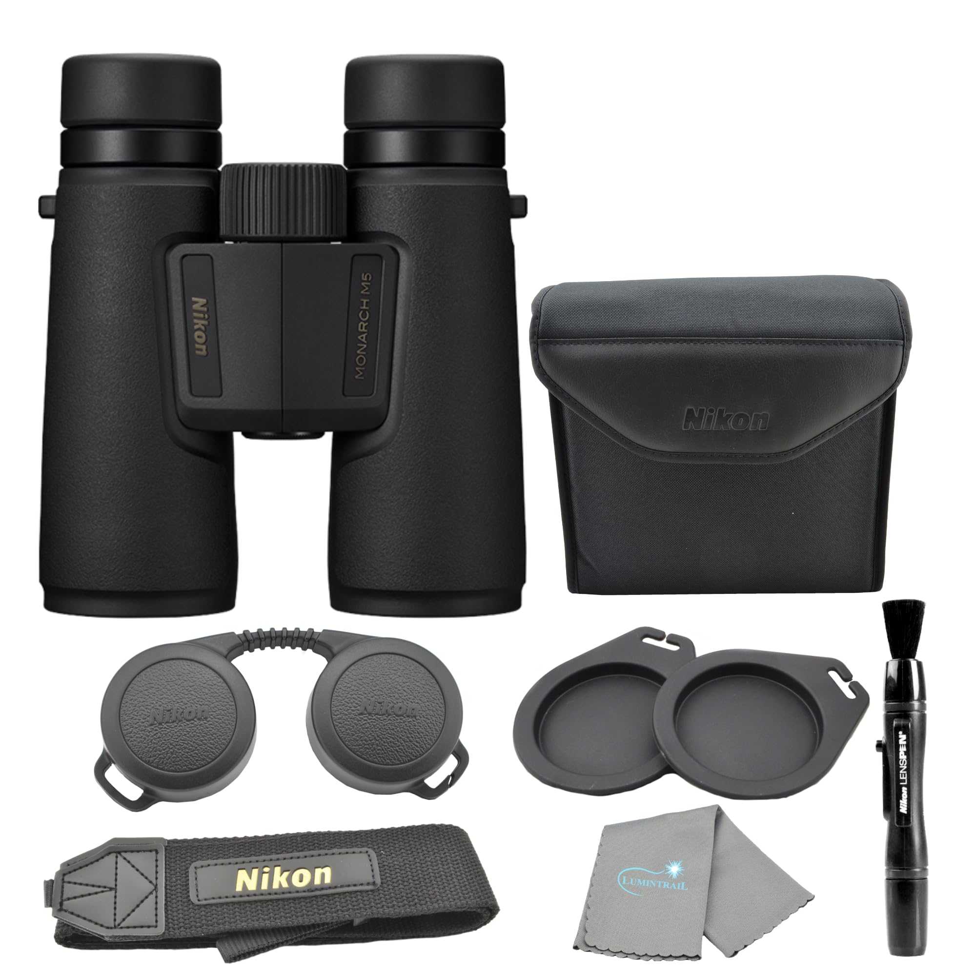 Lumintrail Nikon Monarch M5 10X42 (16768) Black Binoculars Bundle With Lens Pen, And Cleaning Cloth, Compact High Powered Binoculars For Adults For Hunting, Bird Watching, And Hiking Essentials, Lightweight
