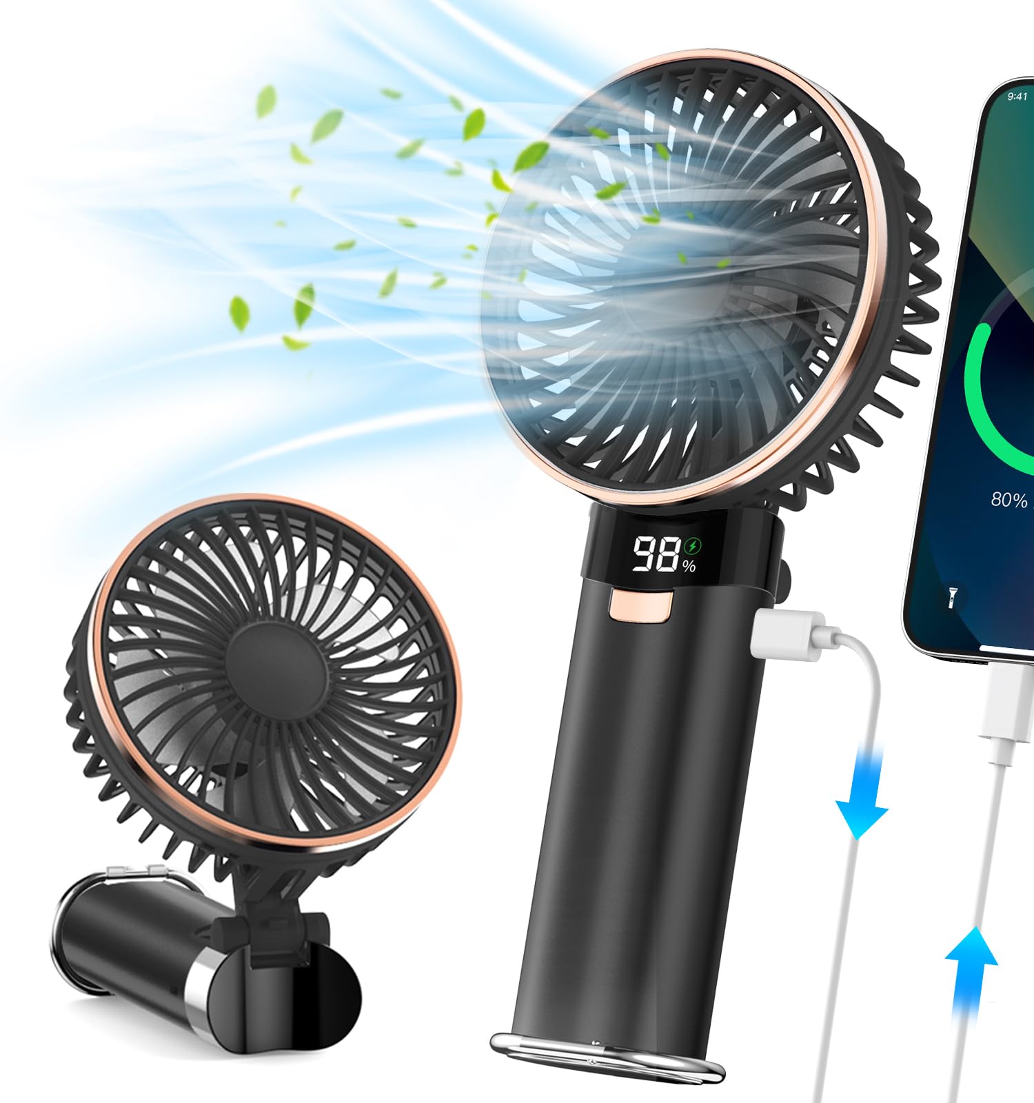 Portable Handheld Fan, 4 In 1 5200Mah Usb Rechargeable Foldable Personal Hand Held Fan With Metal - Koospark