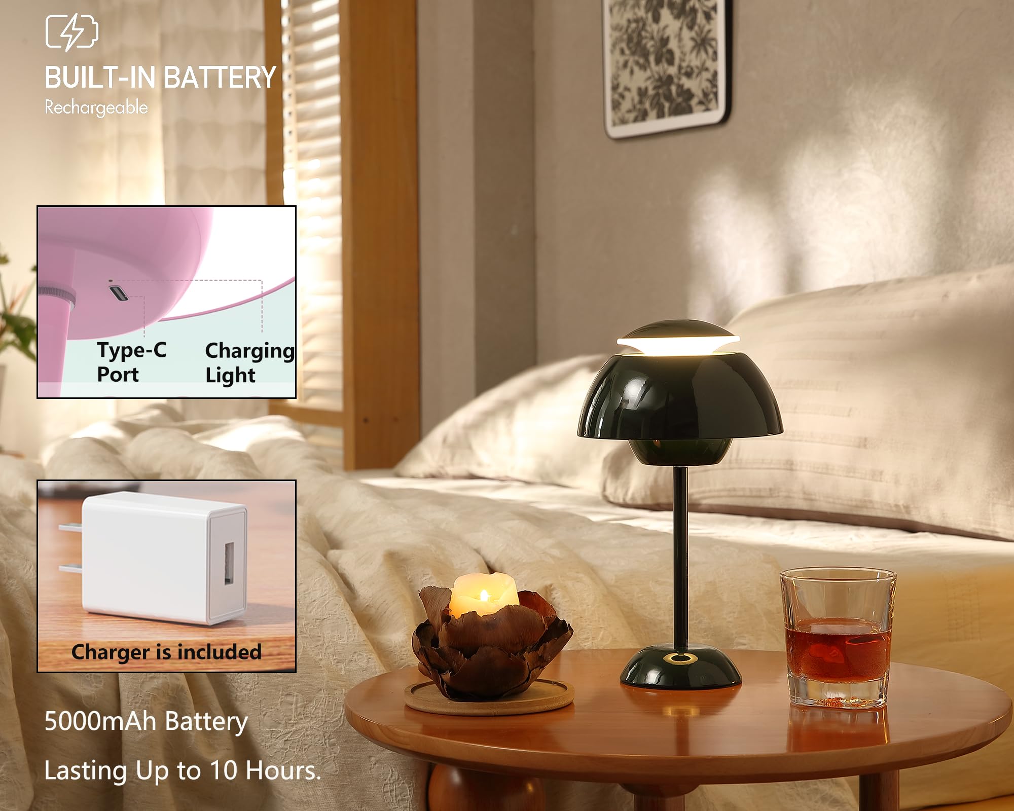 Glivpny Flowerpot Cordless Table Lamp, 5000Mah Battery Mushroom Lamps,Portable Patio Table Lamp,Small Rechargeable Lamp For Nightstand,Dimmable Touch Bedroom Lamp For Indoor Outdoor (Dark Green)