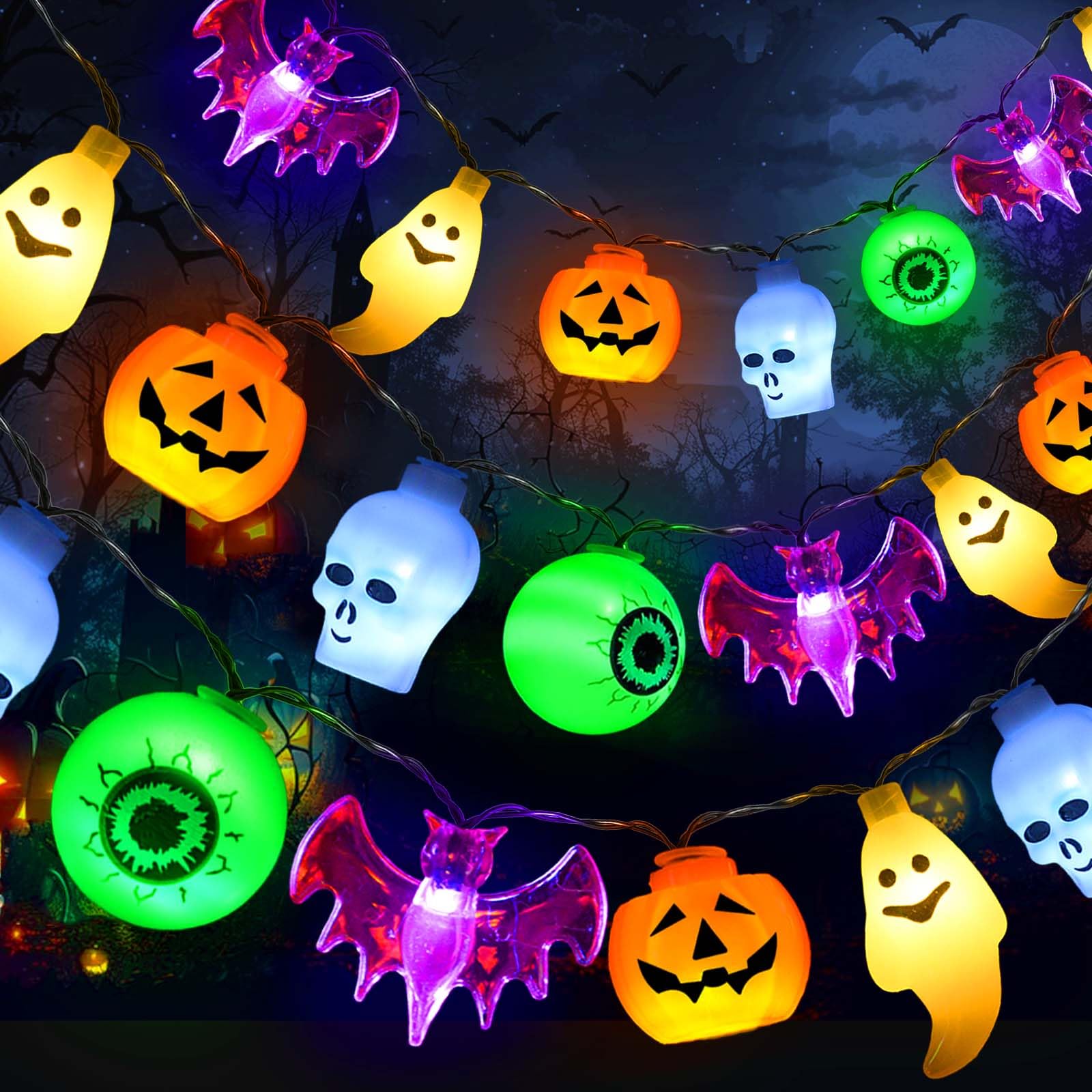 Awinking  set 5-In-1 Solar Halloween String Lights For Outdoor Decor, Spooky Skull Bat Ghost Eyeball Pumpkin Lights For Halloween Outside Window Door Golf Cart Camper Balcony Porch Railing Decorations