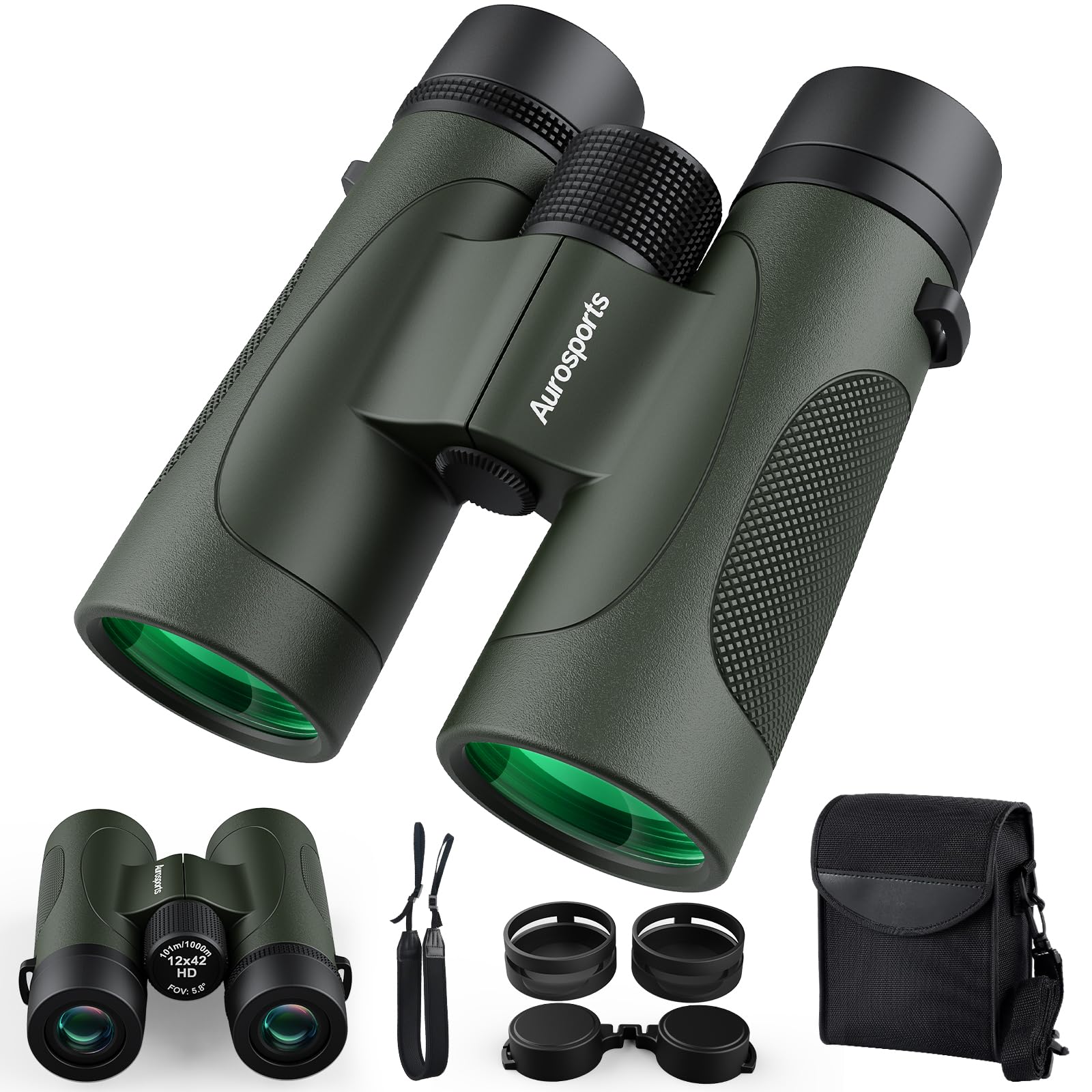 Aurosports 12X42 Uhd Waterproof Binoculars For Adults: Fogproof Shockproof High Powered Easy Focus - Large View Lightweight With Clear Low Light Vision For Bird Watching Hunting Trip Hiking Green