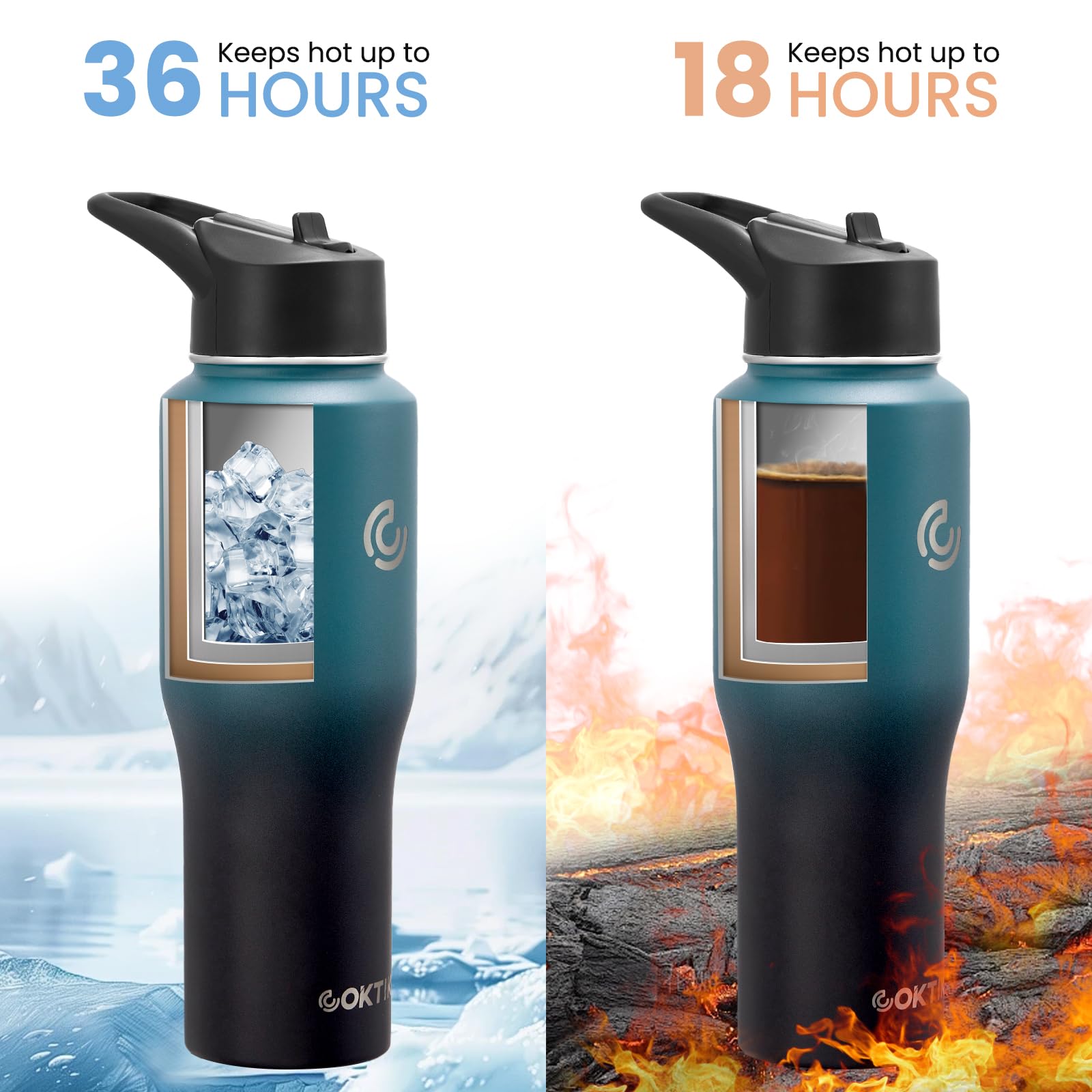 Coktik Water Bottle Insulated, 32 Oz Water Bottles Straw Lid, Spout Lid, Cold For 36 Hrs