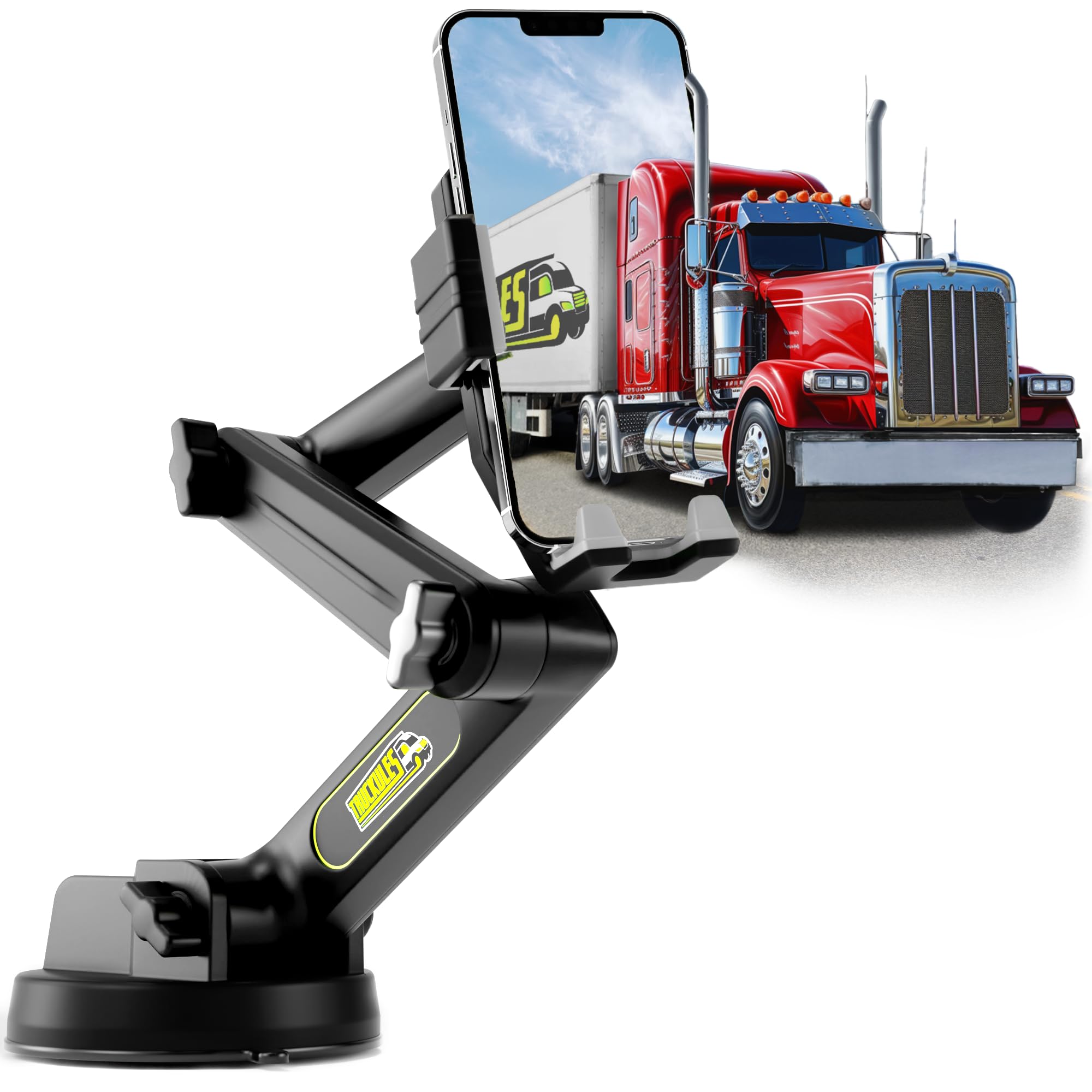 Truckules Phone Mount For Truck Phone Holder For Truck - Heavy Duty Super Suction Cup, Mobile Device Holder For Dashboard Window 16.9 Inch Long Arm & Stable, Iphone & Samsung Compatible, Big Rig Trucker, Gray