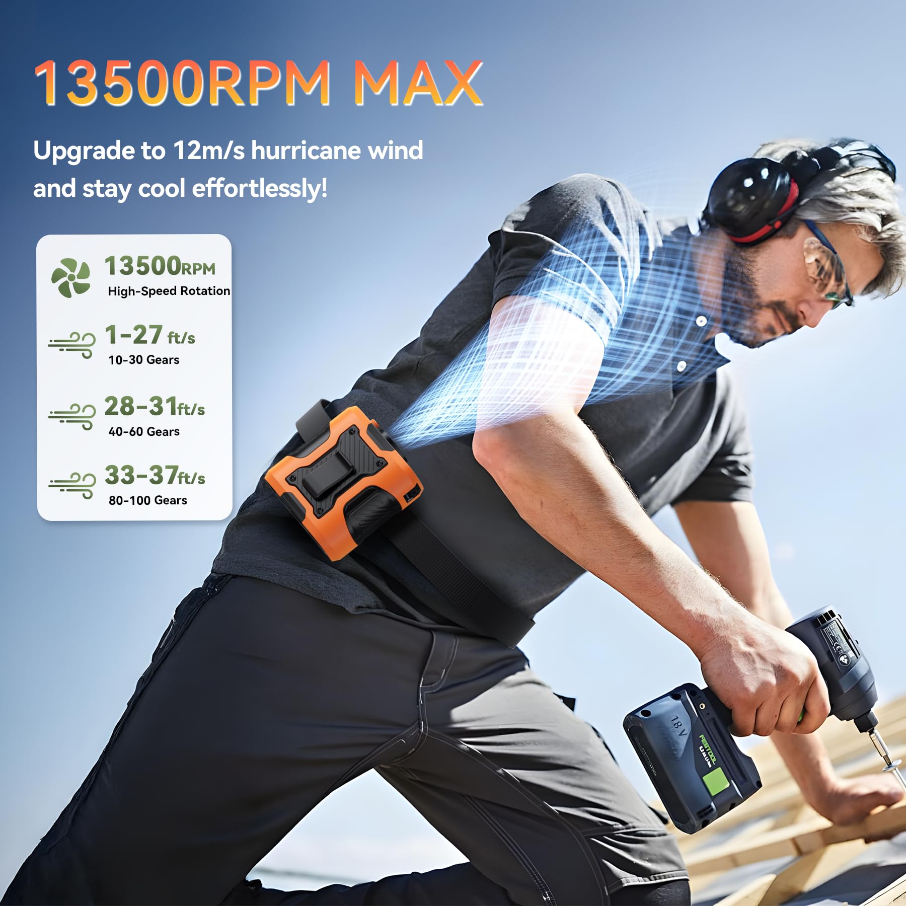 Portable Waist Fan Clip On With Light, 12M/S Quiet & Powerful Silencer Motor, 100 Speeds Wearable