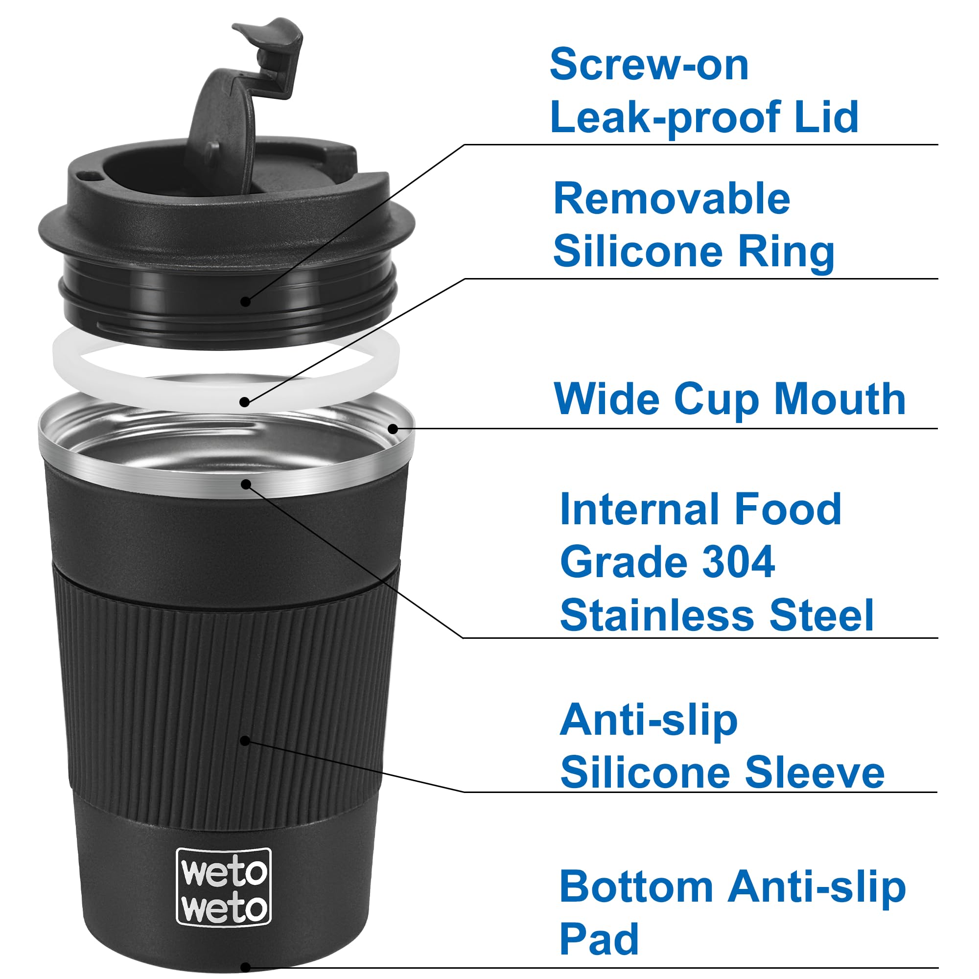 Wetoweto 12Oz Stainless Steel Coffee Tumbler, Travel Coffee Mug, Insulated Coffee Mug With Lid