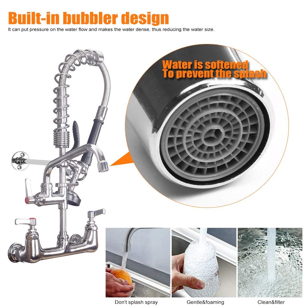 Mstjry Commercial Faucet With Sprayer 20" Height, 8" Center Commercial Faucet With 8" Spout Wall Mount Kitchen Sink Faucet Pre Rinse Faucet,For 1/2 Compartment Sink (Polished Chrome,Brass)