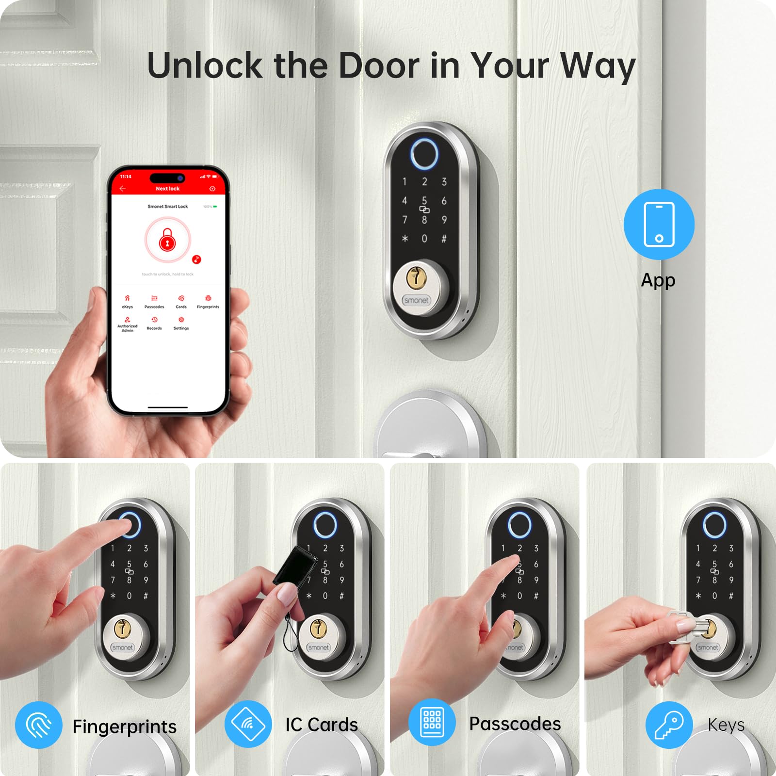 Smonet Smart Deadbolt, Fingerprint Electronic Deadbolt Door Lock With Keypad-Bluetooth Keyless Entry Front Door Digital Keypad App Control, Ekeys Sharing, App Monitoring Auto Lock For Homes And Hotel