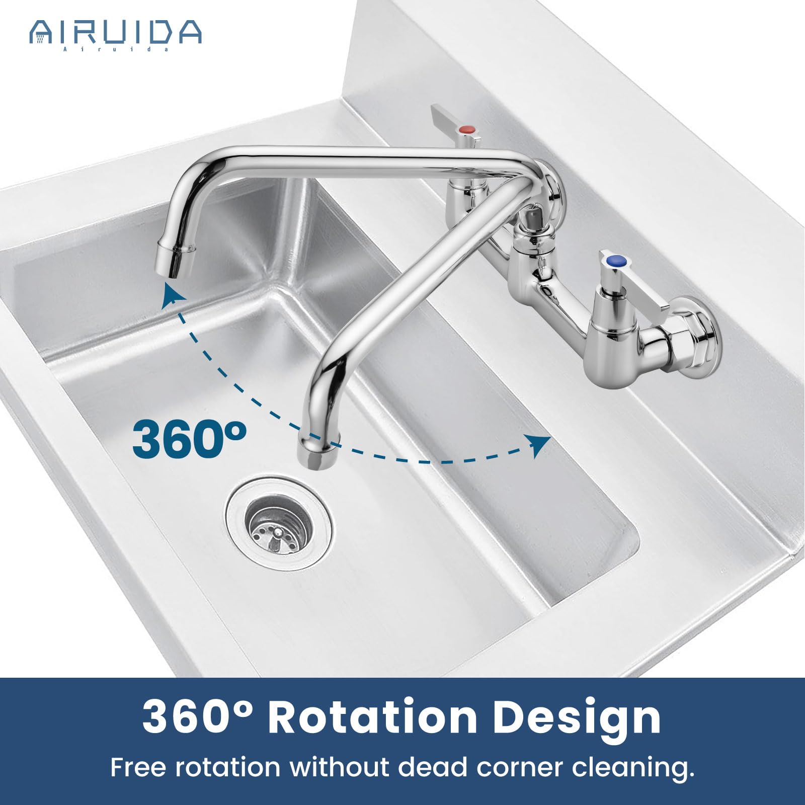 Airuida Chrome Polish Wall Mount Kitchen Sink Faucet Commercial Sink Faucet 8 Inch Center Kitchen Tap Restaurant Mixer For Laundry Room With 2 Hole Double Handles 360 Rotatable 8 Inches Swivel Spout