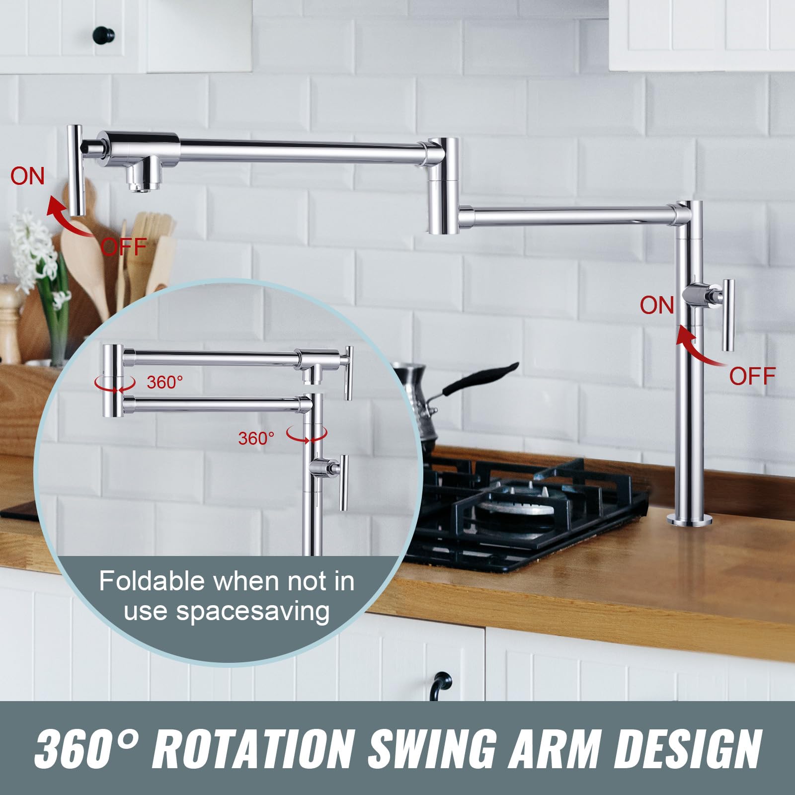 Aleasha Pot Filler Faucet For Kitchen Sink, Deck Mount Pot Faucets Over Stove, Solid Brass Folding Pot Filler Faucet, Chrome Kitchen Pot Faucet With Double Joint Swing Arms