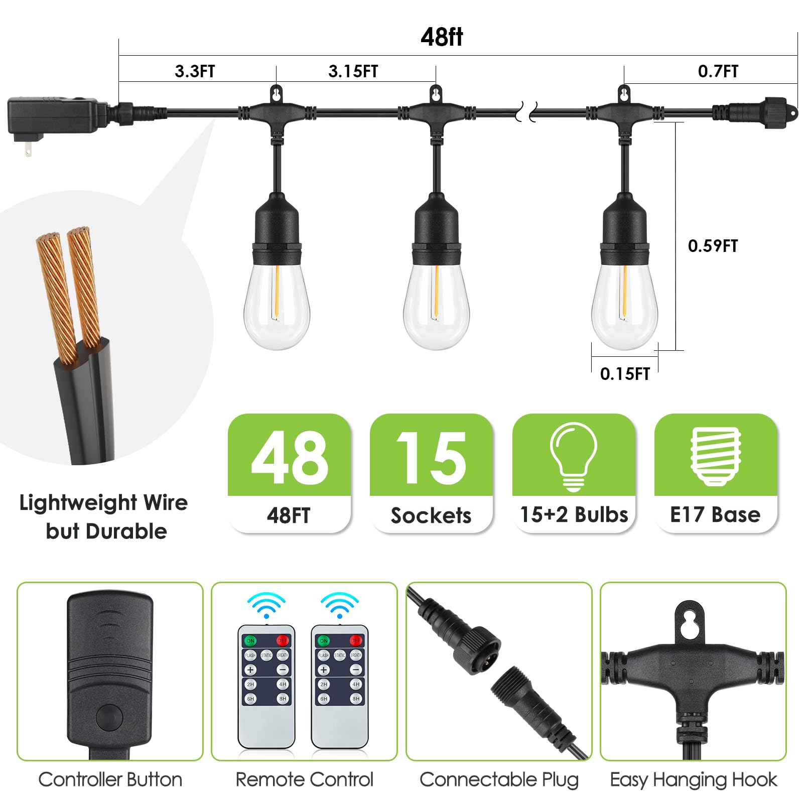Larkvue 48Ft Outdoor String Lights With Remote, Dimmable Patio Lights With 15+2 Led Waterproof Shatterproof Bulbs 3 Modes 4 Timers For Backyard, Black