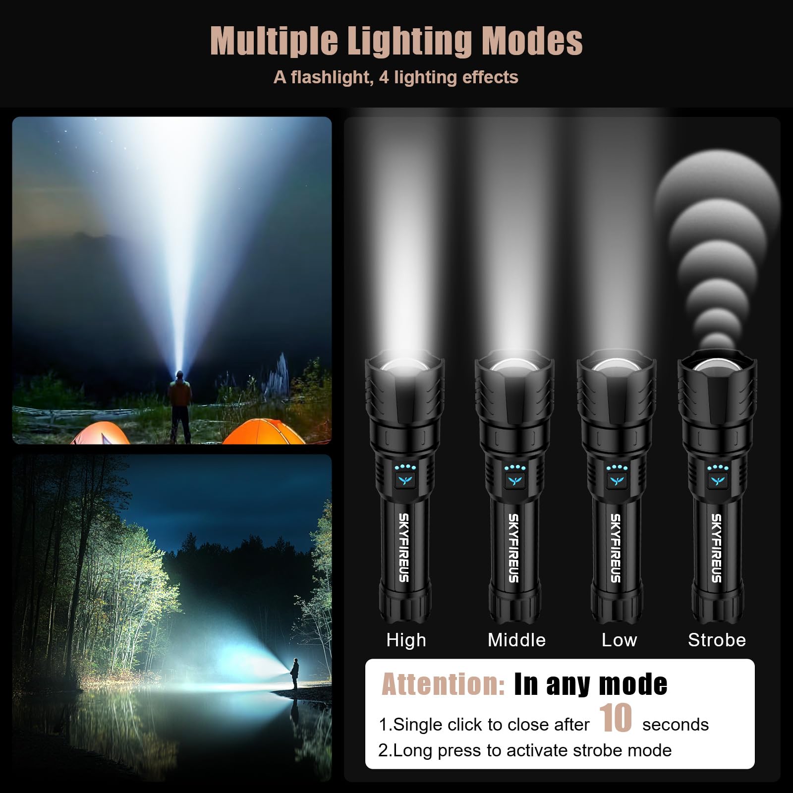 Skyfire Led Flashlight High Lumens,Super Bright Rechargeable Flashlight,Zoomable,Four Modes,Waterproof Flash Light For Camping Essentials,Outdoor And Home Emergencies