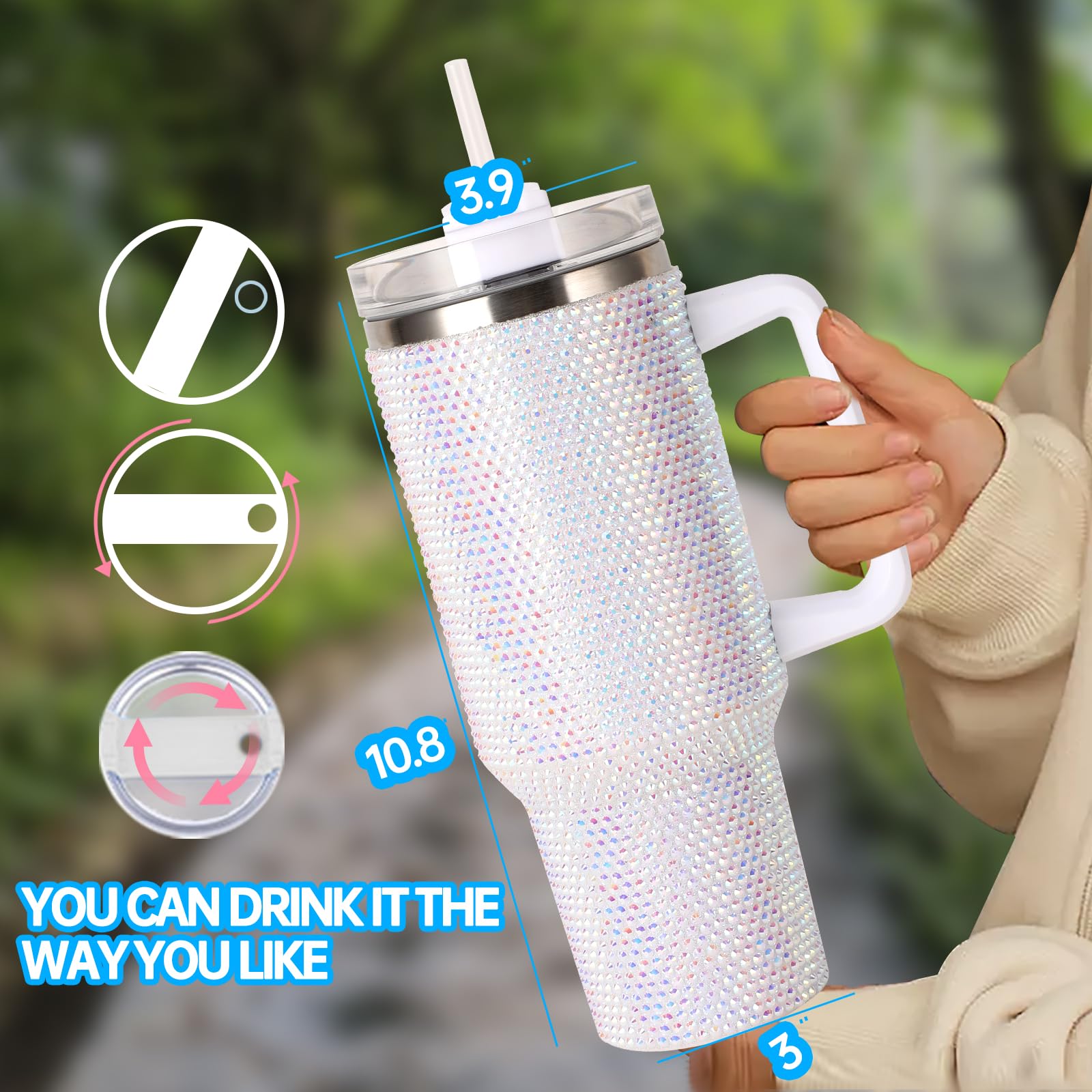 40Oz Bling Tumbler With Handle Studded Rhinestone Tumbler Glitter Cups With Lid Stainless Steel