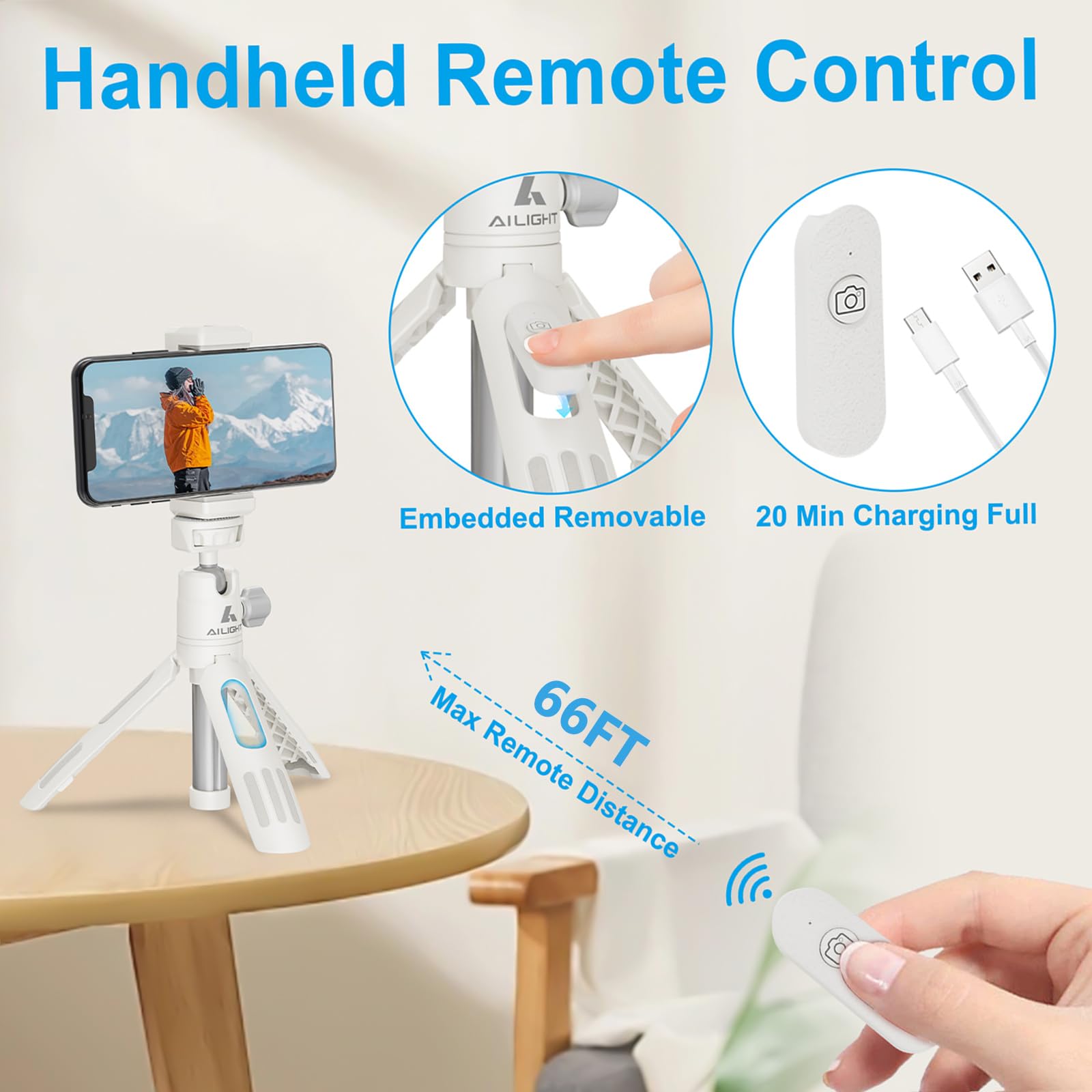 Ailight 11.2'' Mini Phone Tripod, Portable Bluetooth Selfie Stick With Wireless Remote For Video Recording- Extendable Tripod Stand With Adjustable Phone Holder & Camera Adapter(Off-White)