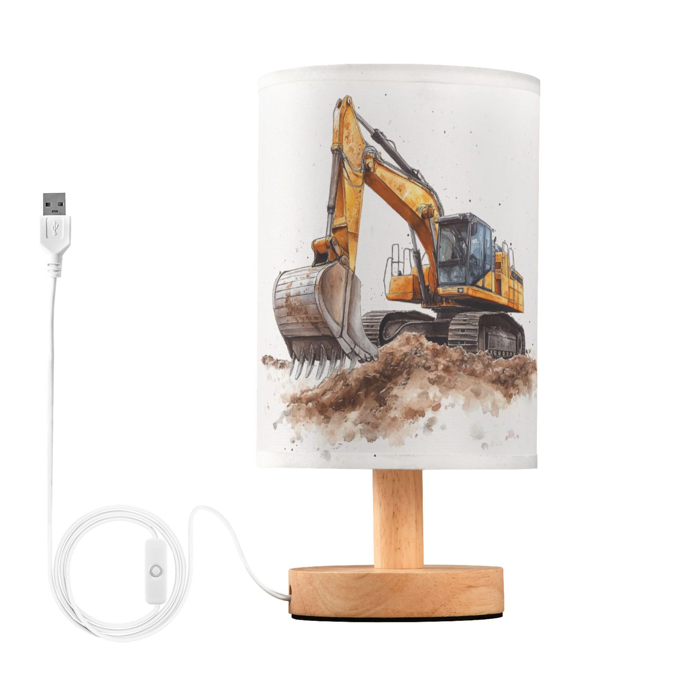 Yyzzh Table Lamp Construction Car Excavator Painting Nightstand Lamp With Wood Base Fabric Lamp Shade Bedside Desk Lamp For Living Room Bedroom Kids Room Office