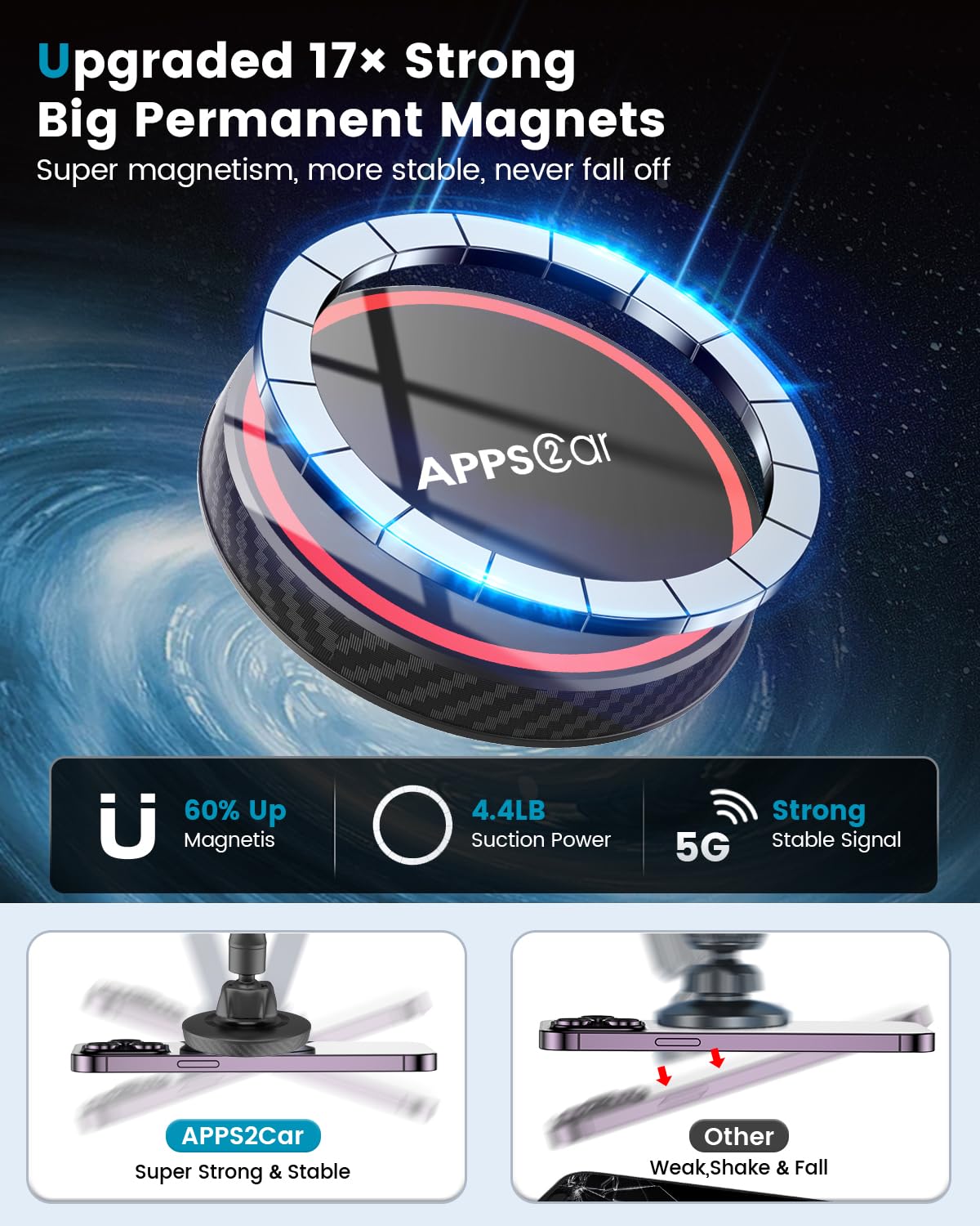 Apps2Car For Magsafe Car Mount Magnetic Phone Holder  13-Inch Long Arm Suction Cup Windshield Mount Fits Iphone 16 Pro Max Plus 15 14 13 12 Mini