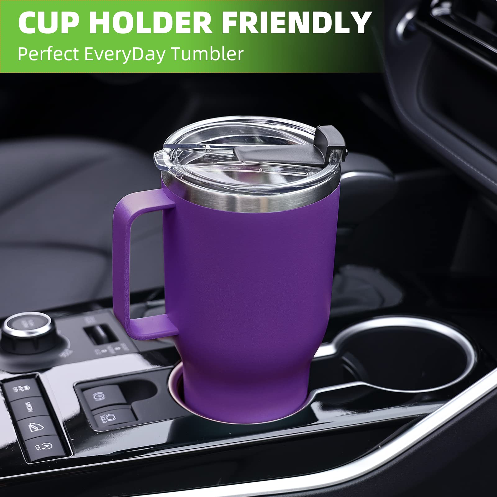Mininoo 40 Oz Purple Tumbler With Handle And Straw, Cup Holder Friendly Insulated Stainless Steel