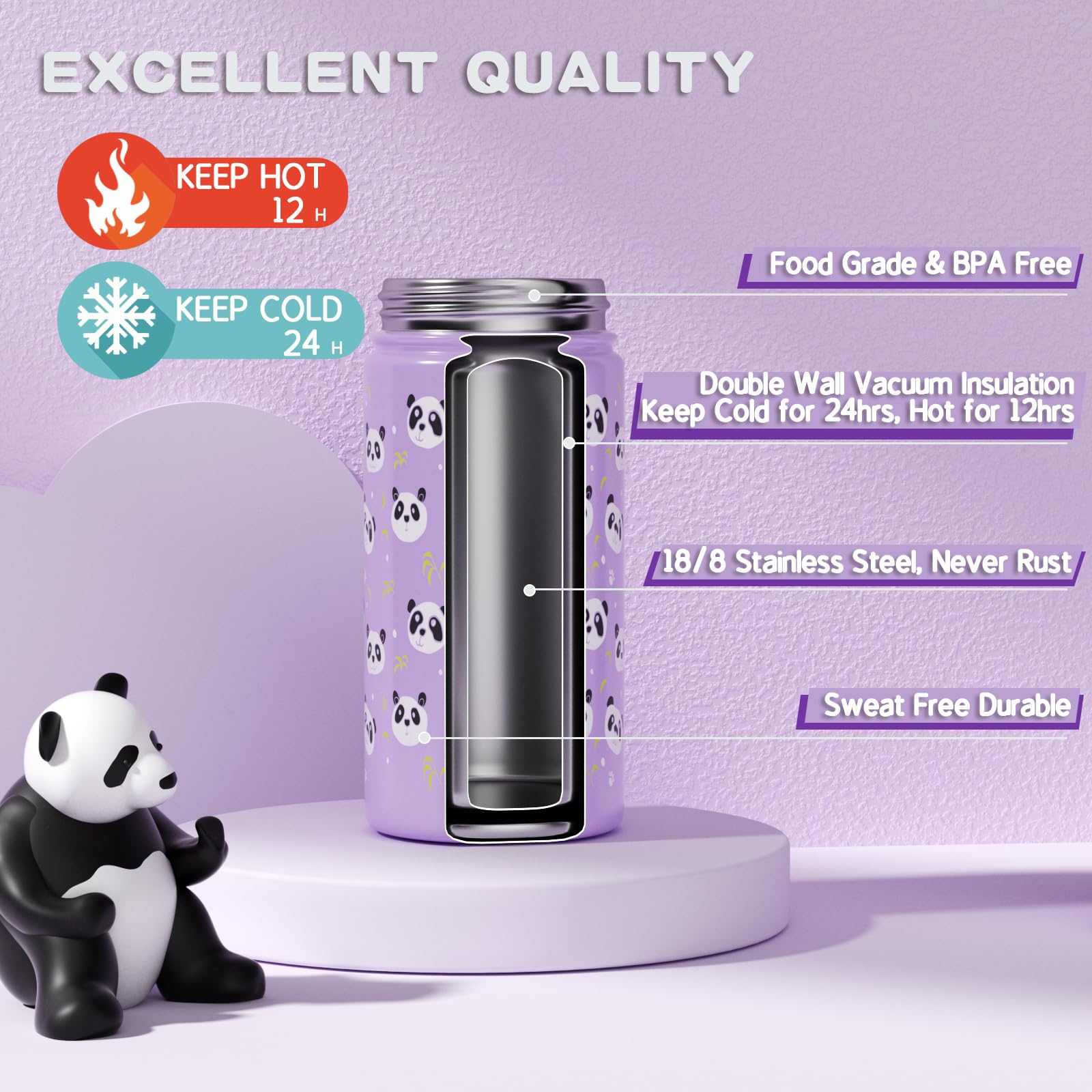 Kids Insulated Water Bottle With Straw Lid, 14Oz Double Wall Stainless Steel Cup With Boot & Strap