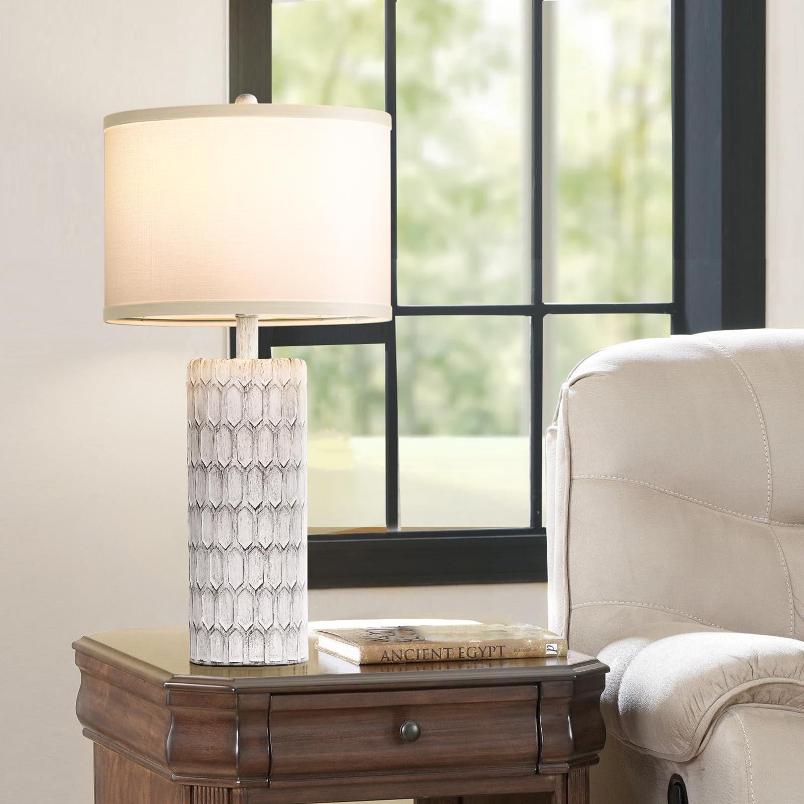 Spclsim 26" Farmhouse Table Lamps For Bedrooms Set Of 2, Traditional Tall End Table Lamps For Living Room,Rustic Bedside Nightstand Lamps With Grey-White Resin Body White Fabric Shade,Bulbs Included