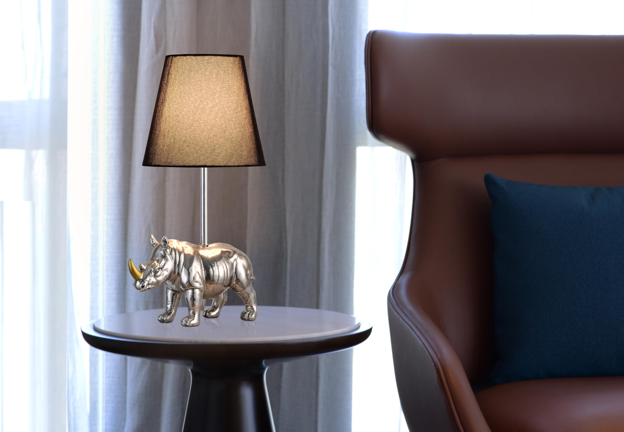 Jjdqb 3-Way Dimmable Bedside Table Lamp With Usb C & A Charging Ports – Rhino Statue Nightstand Desk Lamp With Linen Shade For Bedroom, Living Room, Office And Dorm Lighting, Rj-24266