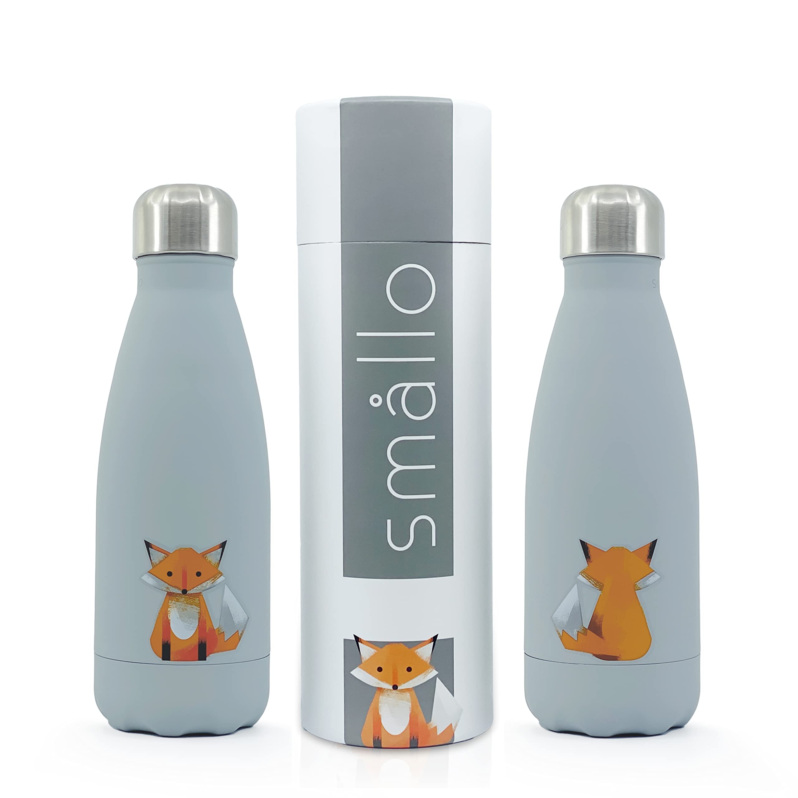 Water Bottle With Cute Fox Design  Stainless Steel  Double Wall Insulated  Grey  12Oz