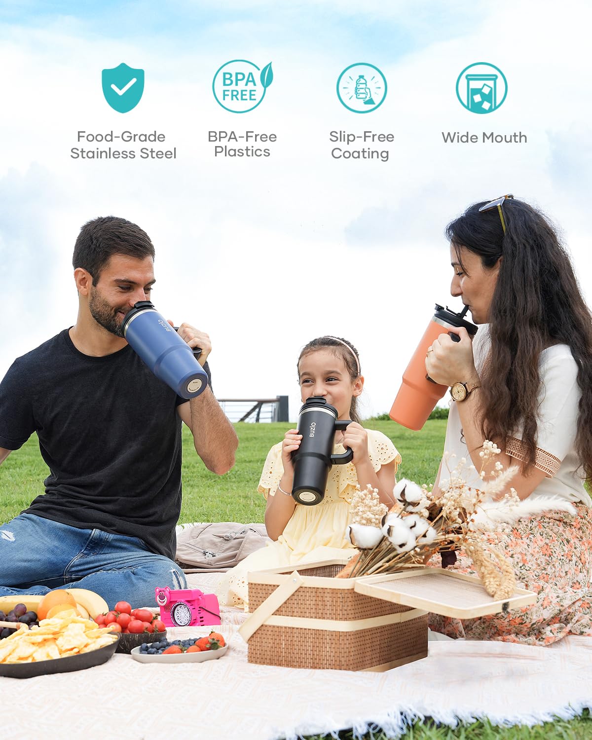 Buzio 40Oz Tumbler With Handle And Straw Lid, Stainless Steel Water Bottle Fits In Cup Holder