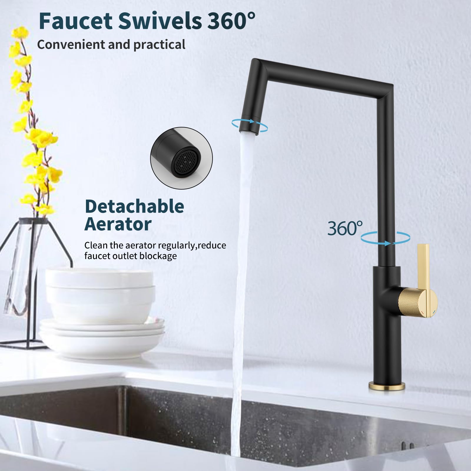 Aection Black And Gold Bar Sink Faucet,Modern 360° Rotatable Single Handle Kitchen Sink Faucet,Matte Black Single Hole Kitchen Sink Faucet For Rv Sinks, And Laundry,Brass Sink Faucet