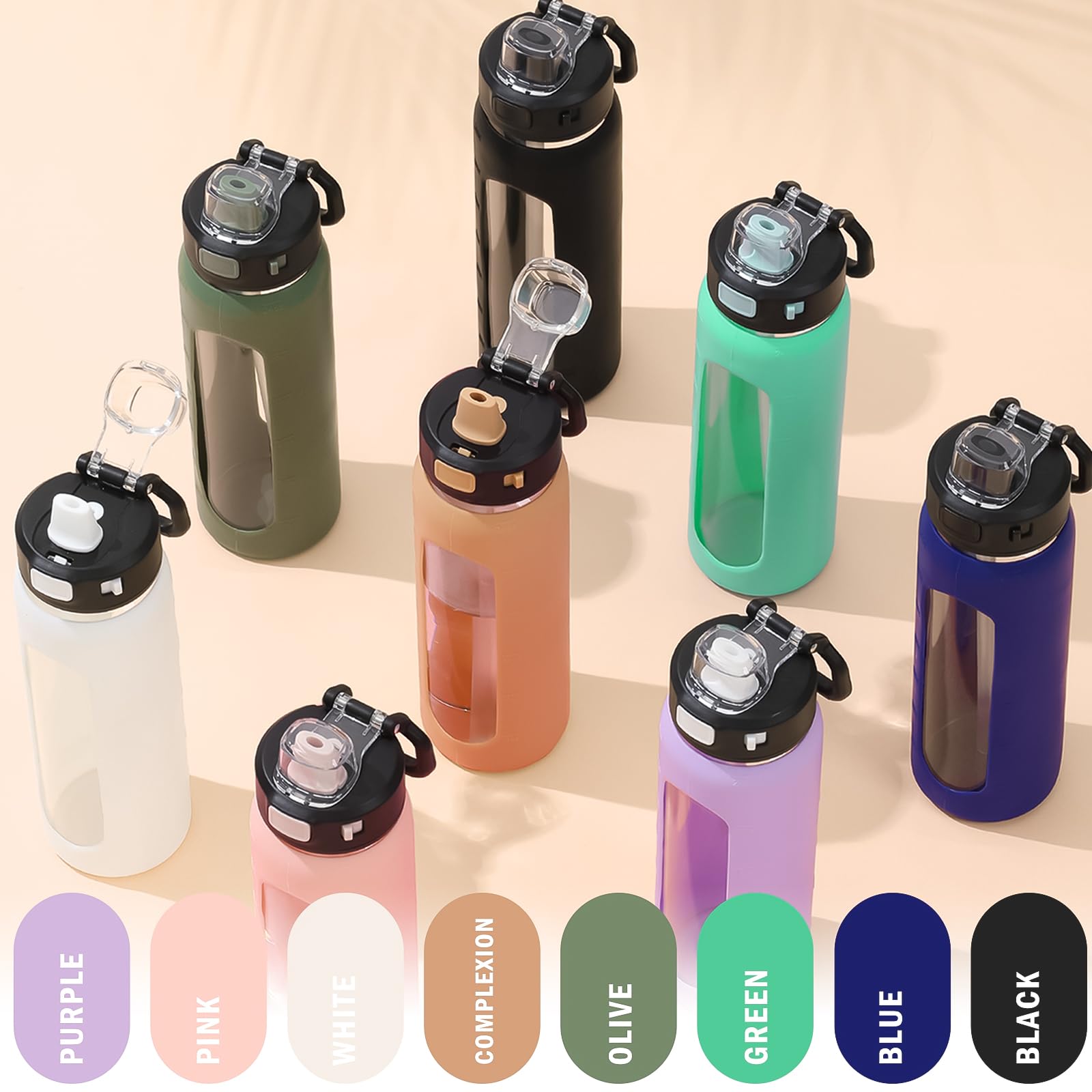 Bluego 24Oz Glass Water Bottle, Motivational Water Bottle With Time Marker And Straw, Water Bottles