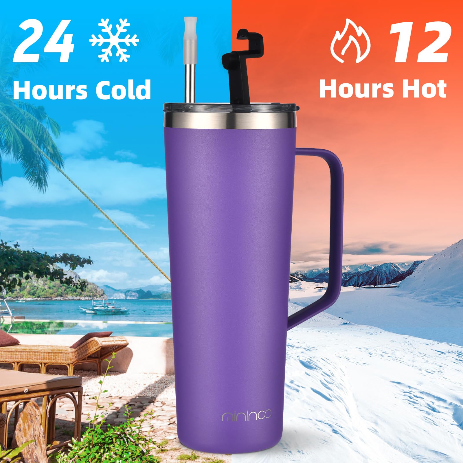 Mininoo 24 Oz Tumbler With Handle, Insulated Travel Coffee Mug With Lid And Straws, Stainless Steel