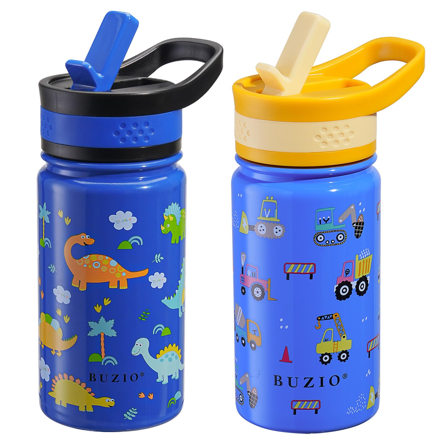 2 Pack Insulated Kids Water Bottle, Buzio 14Oz Stainless Steel Water Bottles With Tritan Straw Lid
