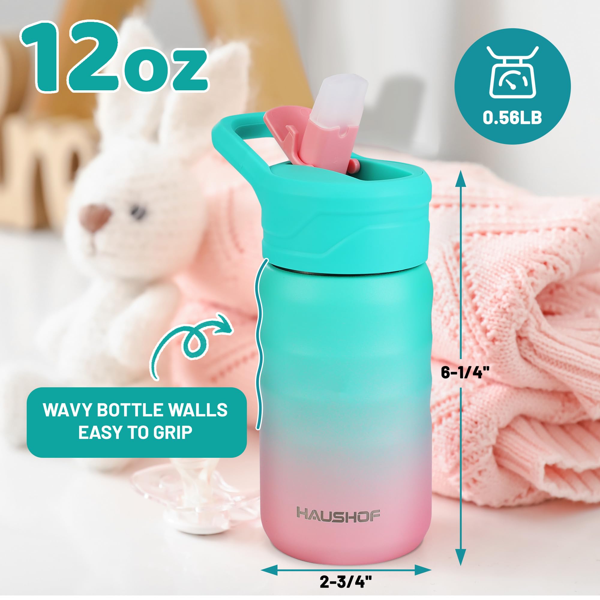 Haushof Kids Water Bottle 2-Pack (12 Oz)- With Straw And Stickers, Stainless Steel Vacuum D