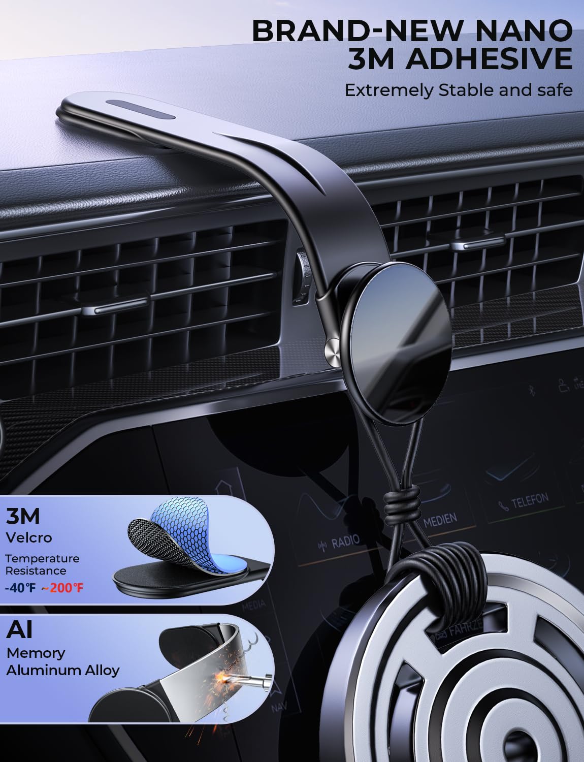 Arshot For Magsafe Car Mount, Magnetic Phone Holder For Car Dashboard Windshield Touchscreen, Bendable Aluminum Alloy Arm, Phone Mount Car Accessories For Iphone 15 Pro Max Mini 14 13 12, All Phones