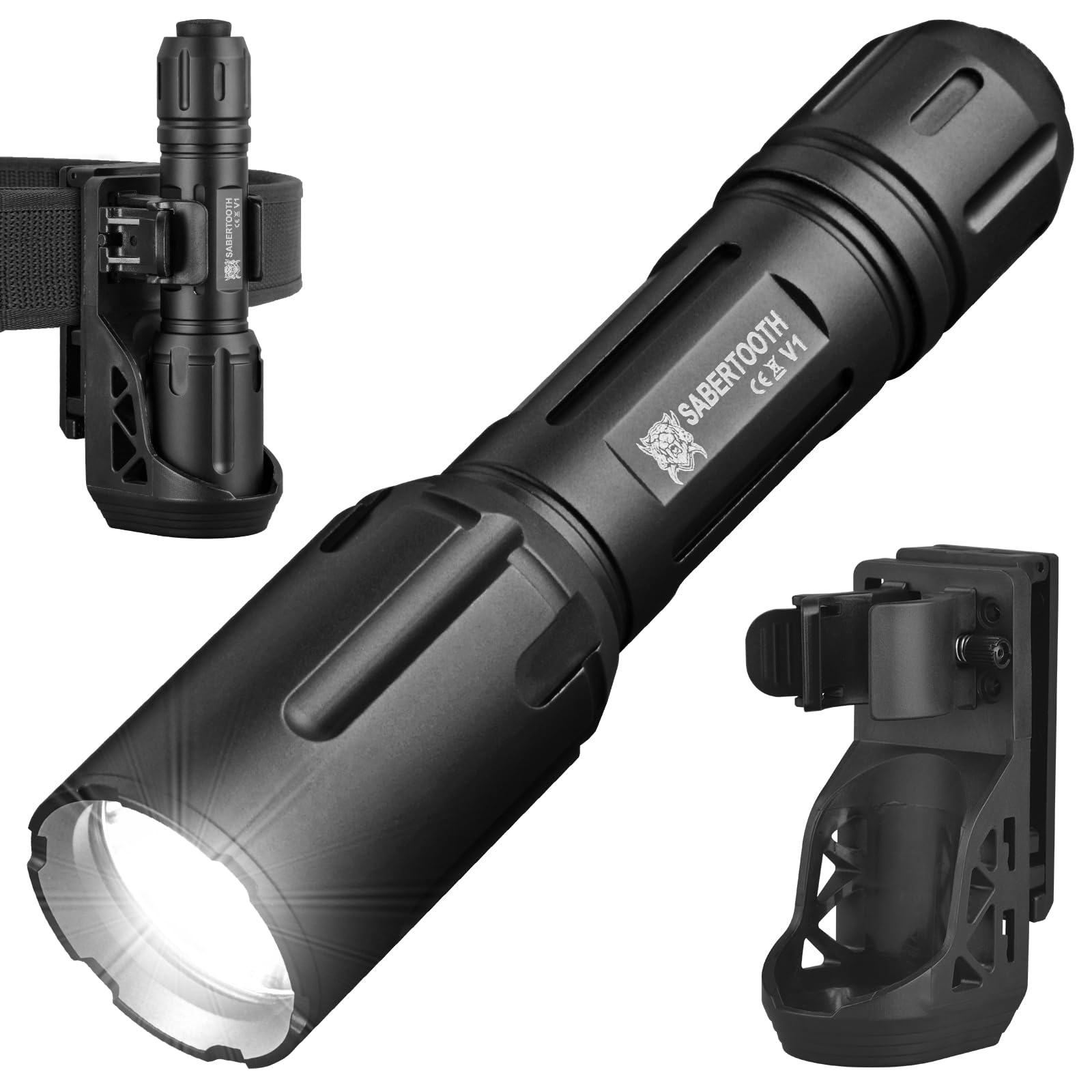 Sabertooth Police Tactical Flashlight-2200 High Lumen Duty Belt Flashlight For Law Enforcement Defense Single Mode Flashlight With Holster Tactical Gear Safety Accessories(Black)