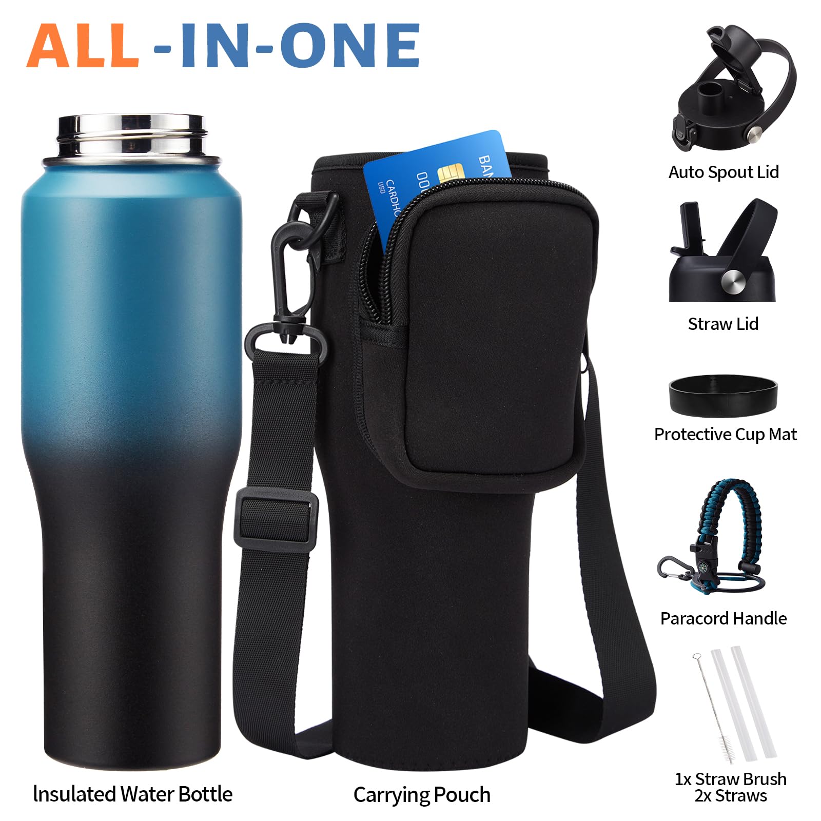32 Oz Insulated Tumblers Metal Water Bottles - With Paracord Handle, Waterbottle With Straw