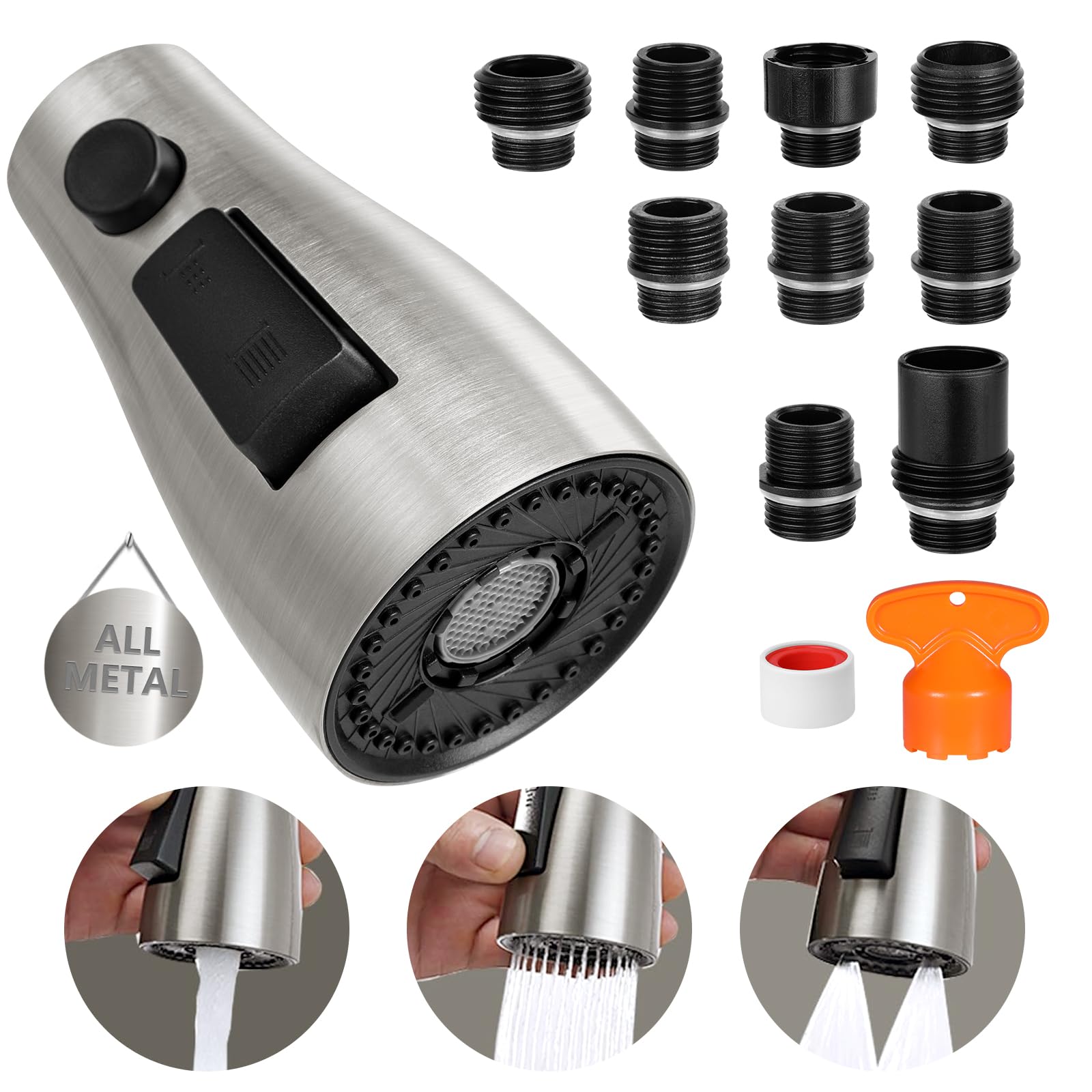 Pzto Kitchen Faucet Head Replacement,Rust-Proof, Fits All Pull Down Sink Faucets Metal Sprayers Parts, With 10 Adapters, 3-Function Cleaning, Compatible With American Standard Brushed Nickel