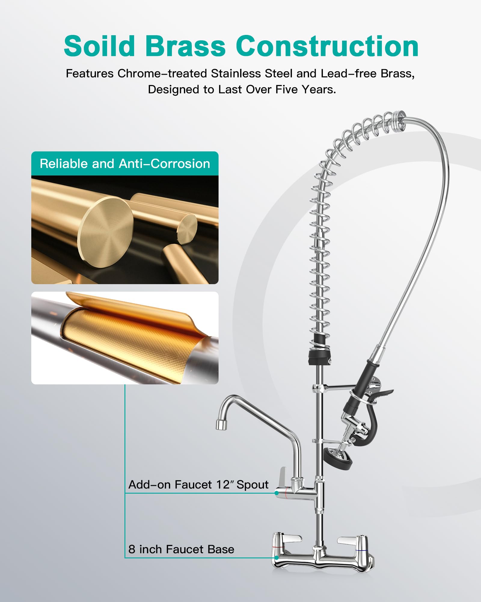 Rnatflu Commercial Faucet With Sprayer Wall Mount : 8 Inch Center Commercial Sink Faucet For Restaurant Industrial Kitchen- Height Adjustable (33-42 Inch) 3 Compartment Sink (Black Sprayer)