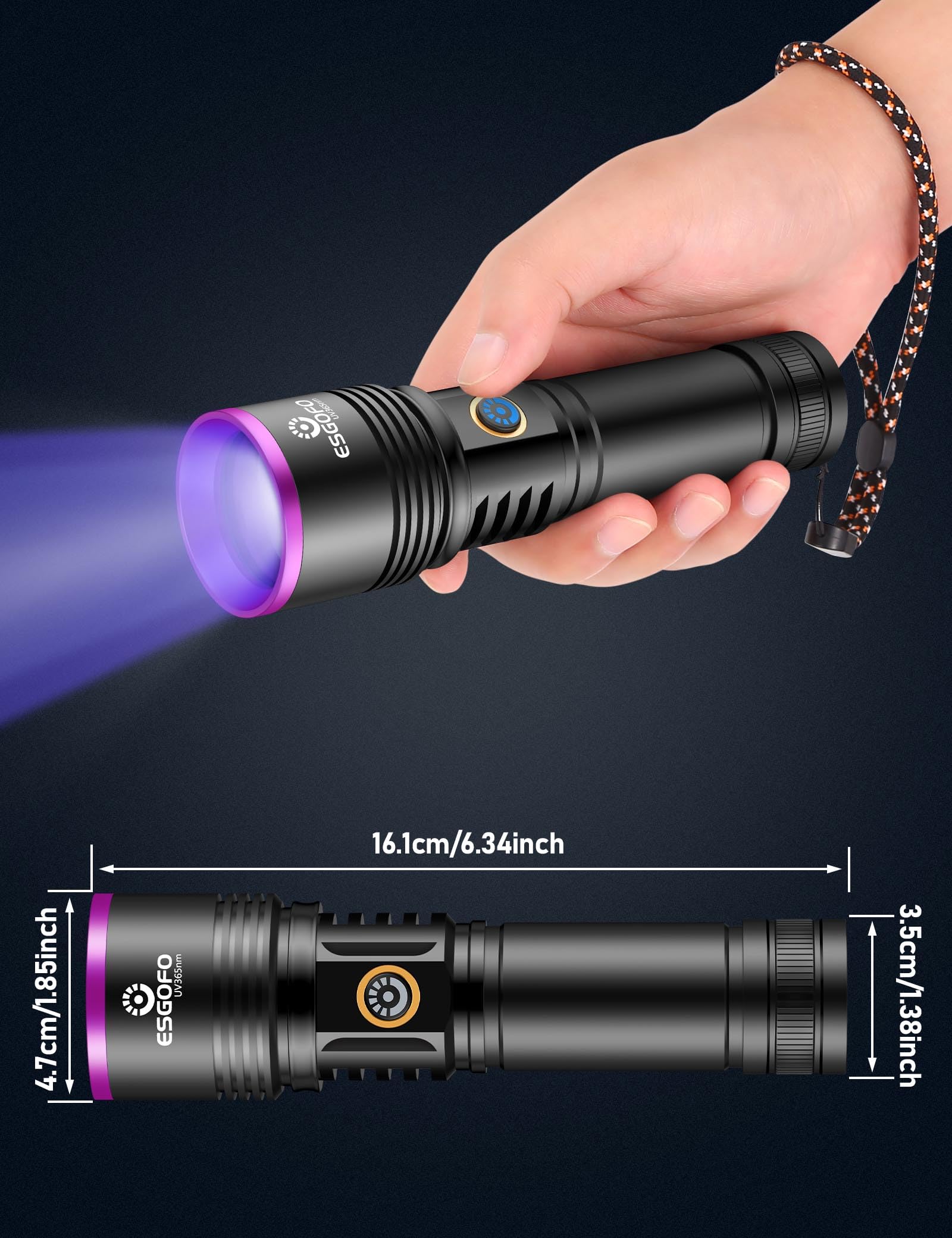 Esgofo Uv Flashlight 365Nm Powerful, Large 4-Core High Power Led Ultraviolet Blacklight Rechargeable Usb C, Handheld Big Ultraviolet Black Flash Light For Pet Urine Detection Scorpion Resin Curing