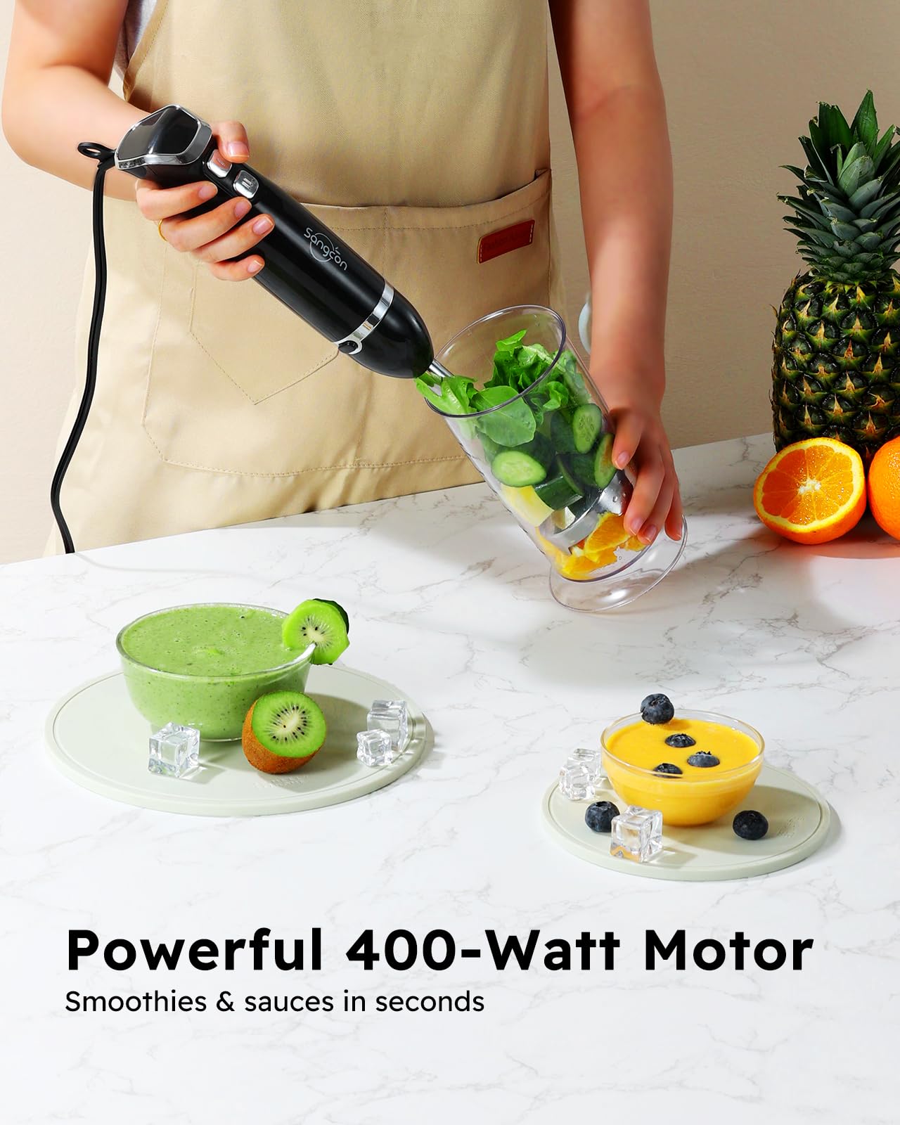 Sangcon Immersion Blender Handheld, 3-In-1 Hand Blender Electric, 400W Handheld Blender, Stainless Steel Blade Stick Blender With Whisk, Milk Frother Attachments Black