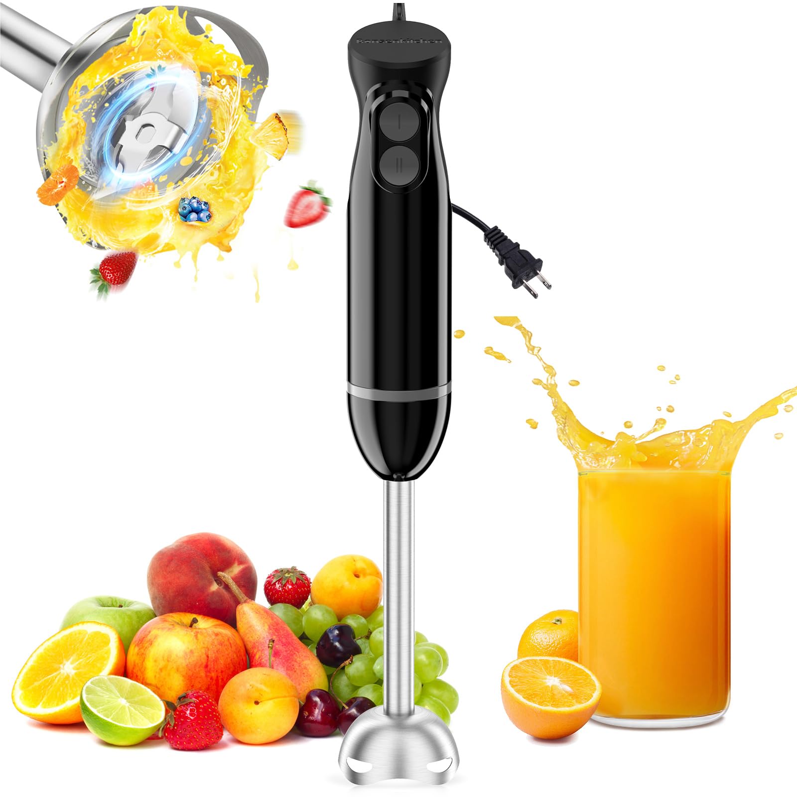 Bonsenkitchen Hand Blender, Immersion Blender With 2 Mixing Speed, Electric Handheld Blender Portable Stick Mixer With Stainless Steel Blades For Soup, Smoothie, Puree, Baby Food